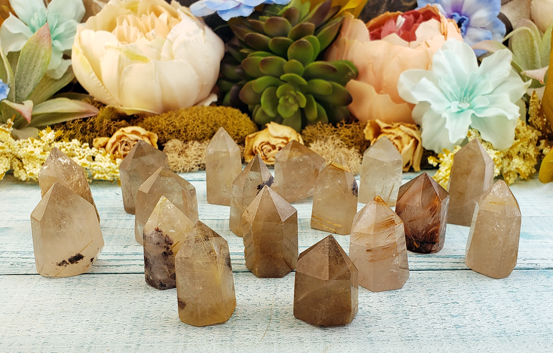 Rutilated Quartz Natural Gemstone Point Tower - MINI - Group Photo of All Mini Crystal Point Towers