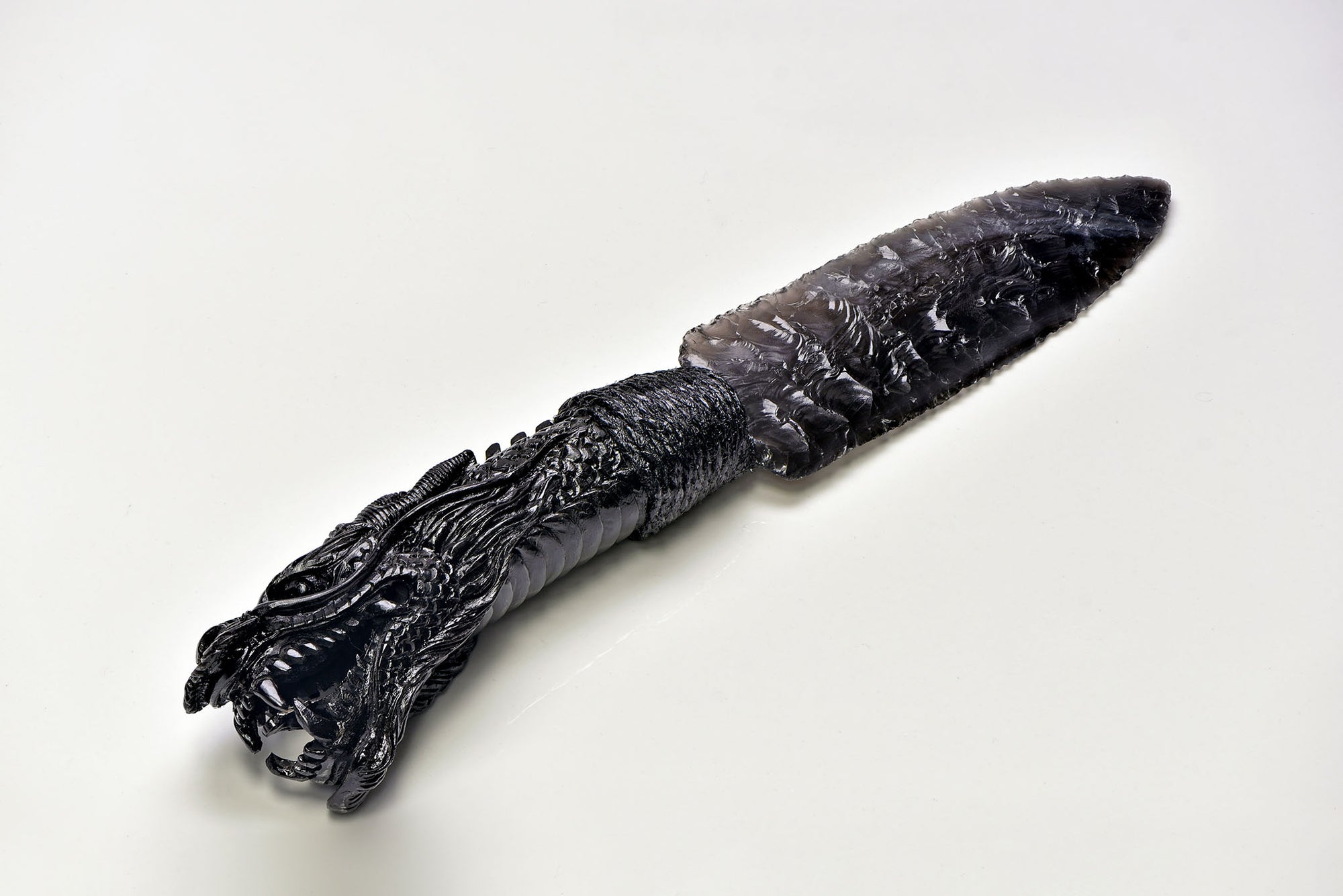 Rainbow Obsidian Gemstone Blade Knife With Carved Bone Dragon Handle