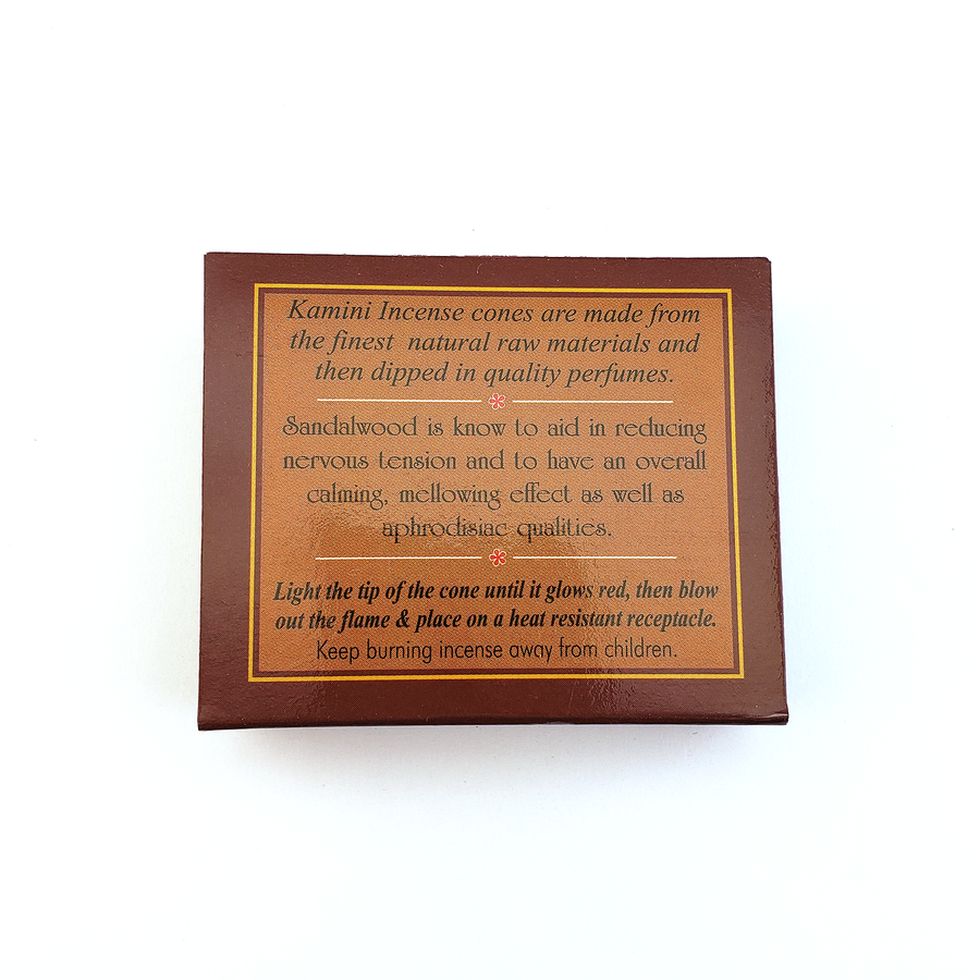 Sandalwood Scented Kamini Incense Cones - Set of 10 Incense Cones - Back of Package