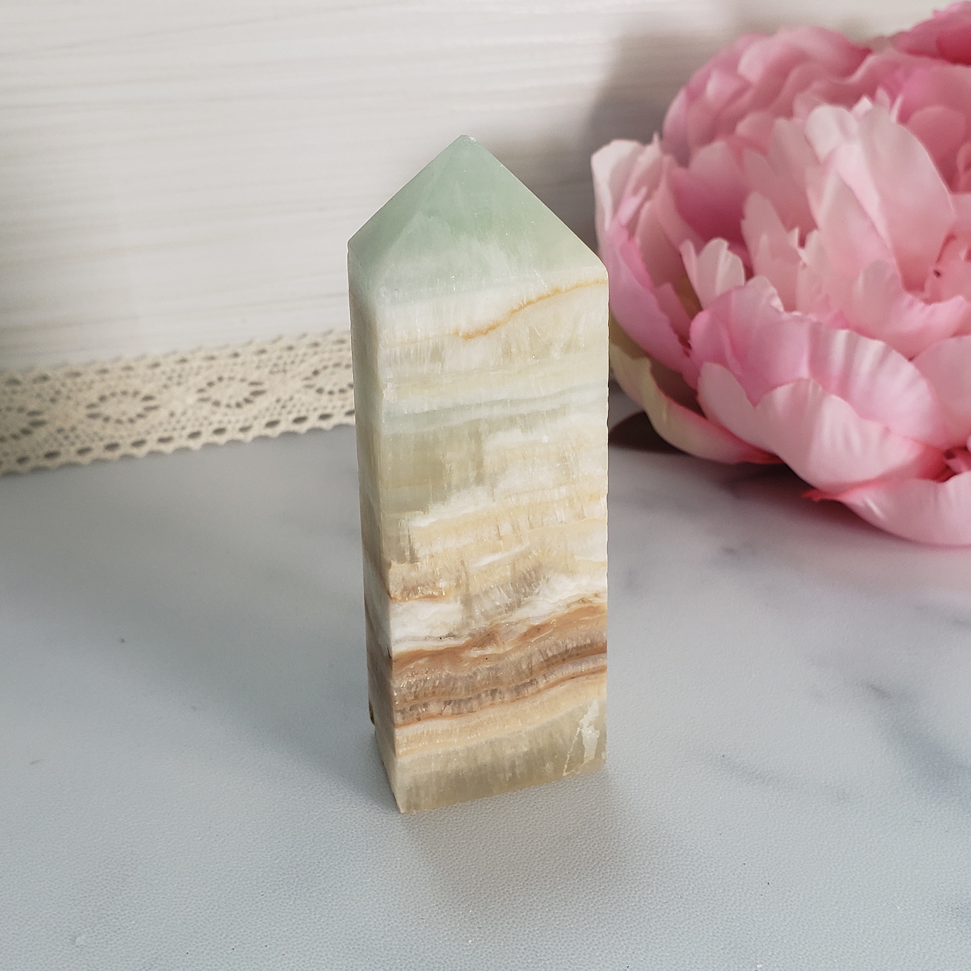 Unique Banded Pistachio Green Calcite Natural Crystal Tower - Seaside - Pistachio Calcite Tower