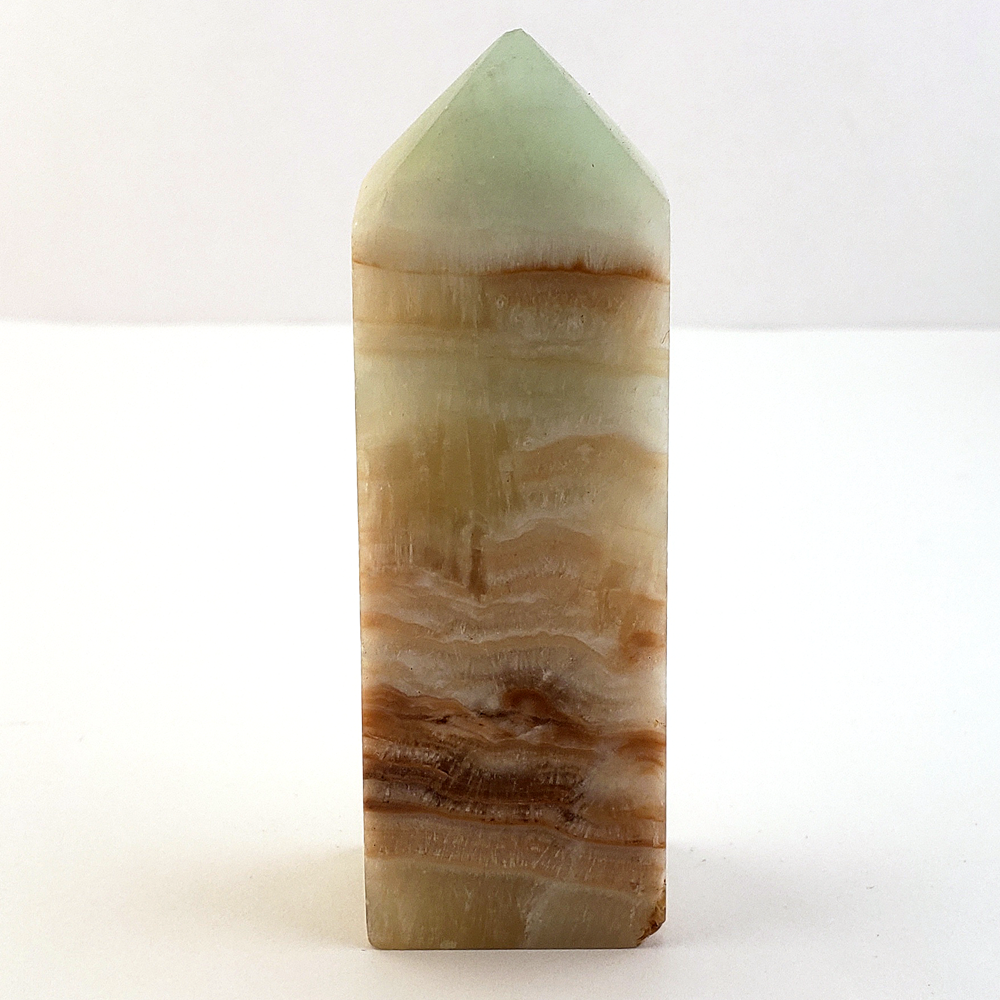 Unique Banded Pistachio Green Calcite Natural Crystal Tower - Seaside - White Background