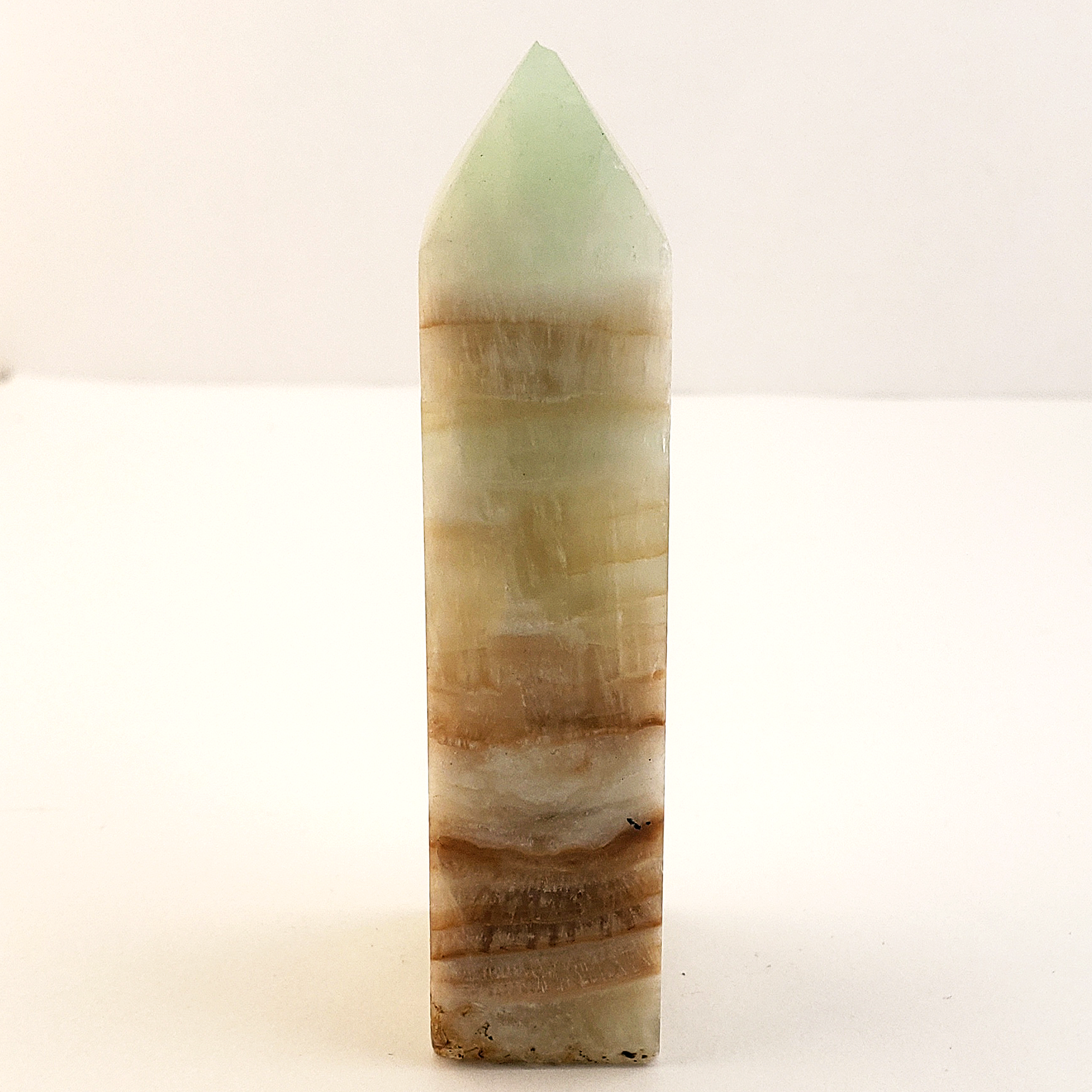 Unique Banded Pistachio Green Calcite Natural Crystal Tower - Seaside - White Background 2