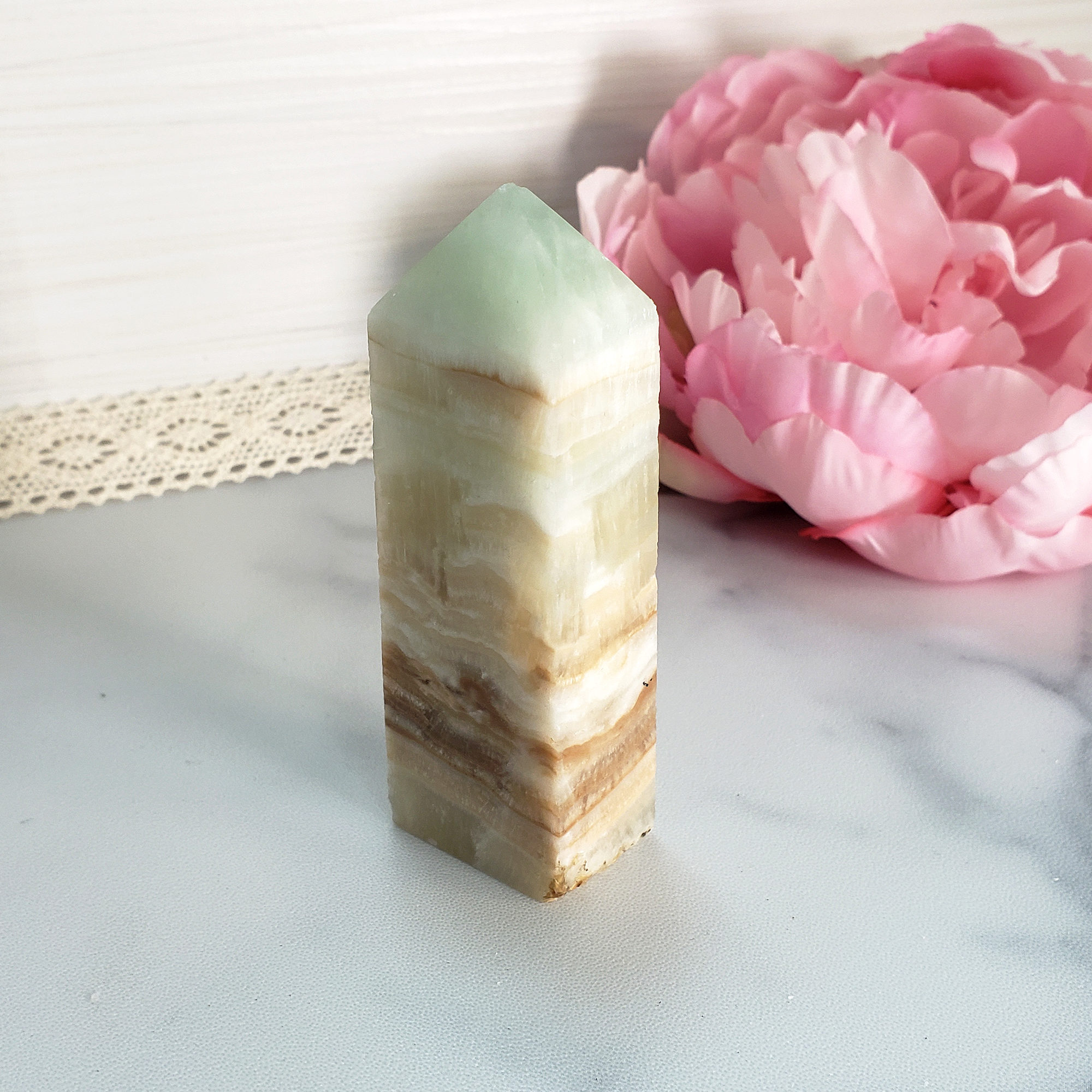 Unique Banded Pistachio Green Calcite Natural Crystal Tower - Seaside