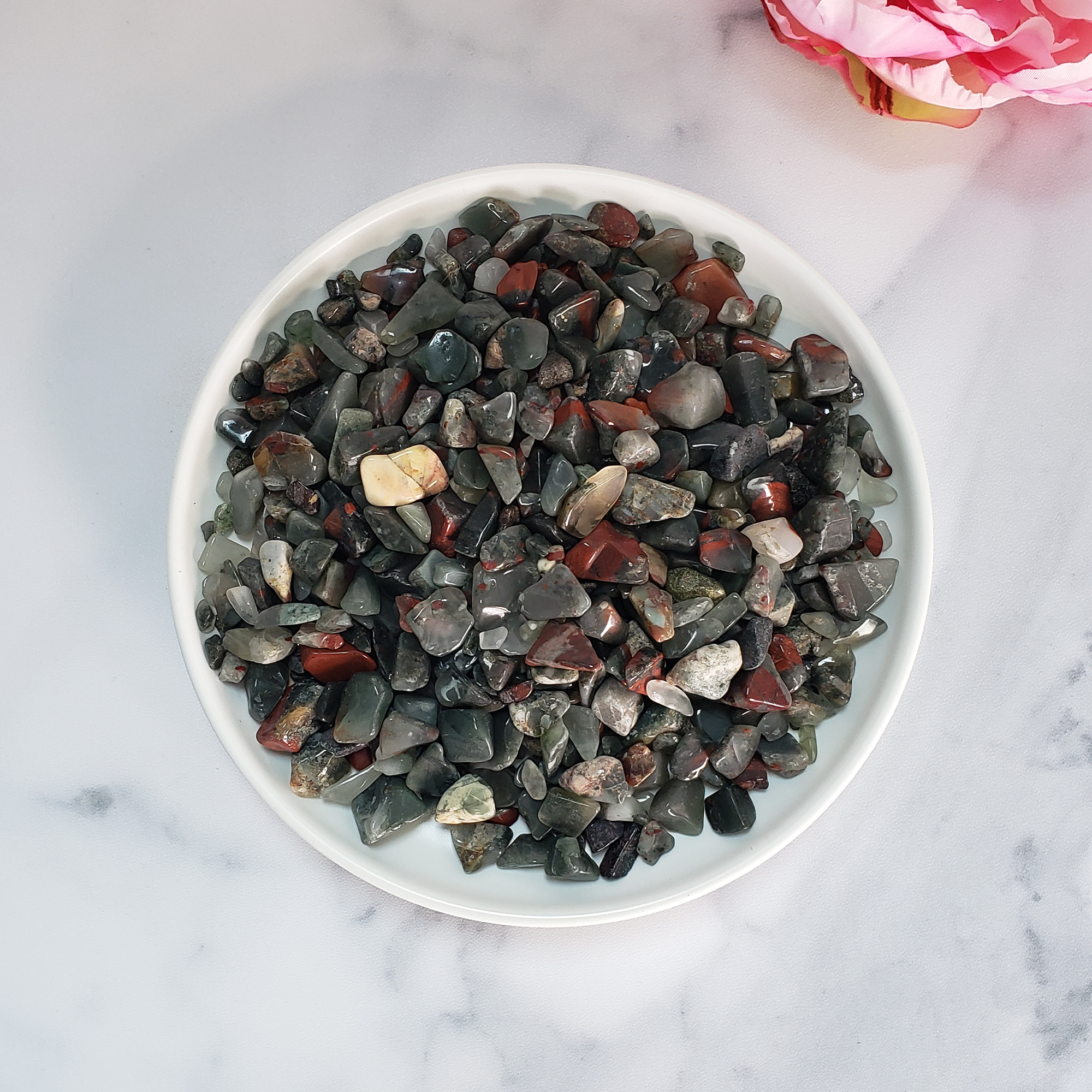 Seftonite Bloodstone Natural Gemstone Chips By the Ounce - Bloodstone Crystal Chips in White Ceramic Bowl