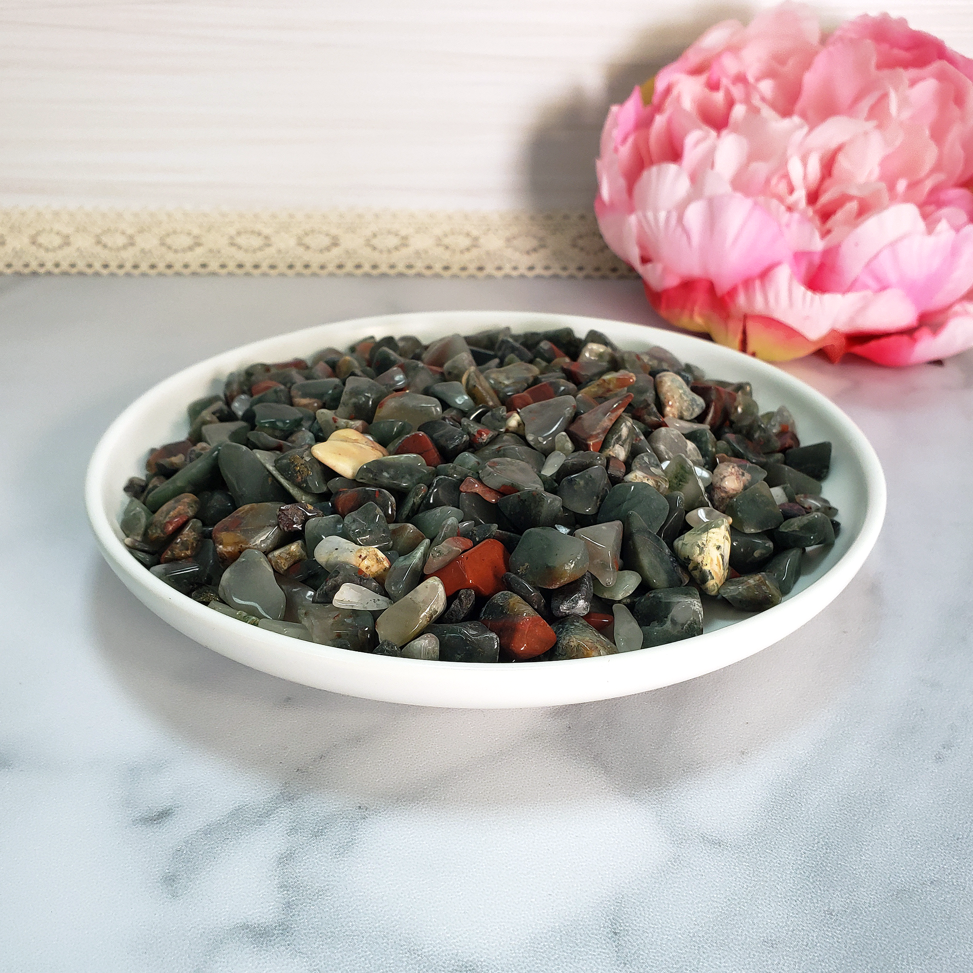 Seftonite Bloodstone Natural Gemstone Chips By the Ounce - Bloodstone Crystal Chips in White Ceramic Dish