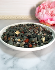 Seftonite Bloodstone Natural Gemstone Chips By the Ounce - Bloodstone Crystal Chips in White Ceramic Dish