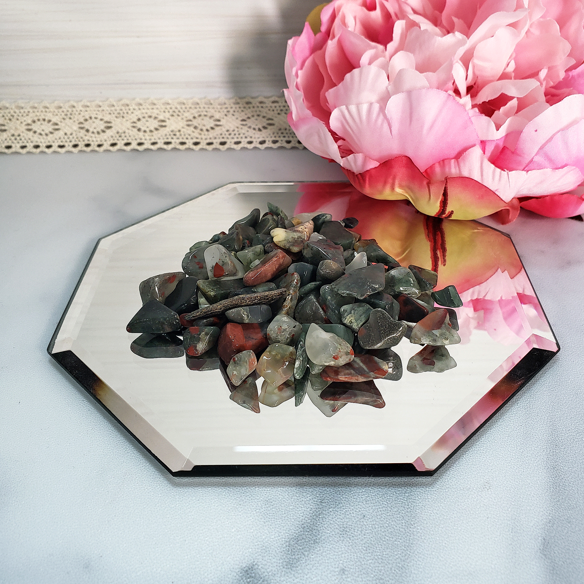 Seftonite Bloodstone Natural Gemstone Chips By the Ounce - Bloodstone Crystal Chips on Craft Mirror