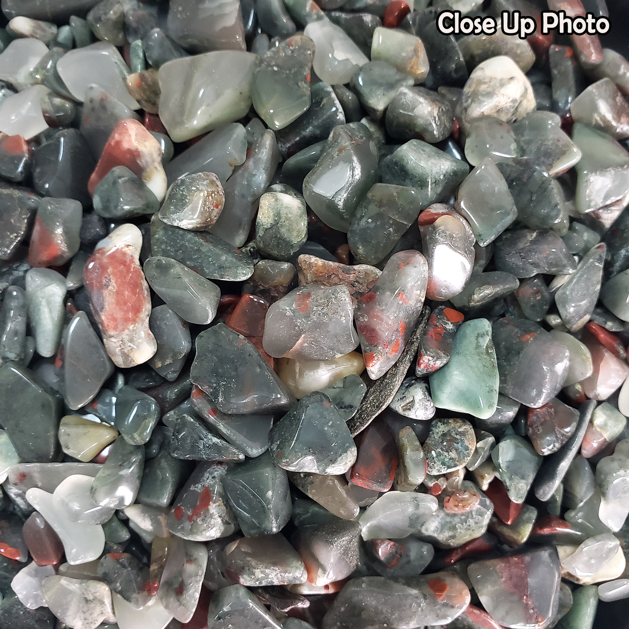 Seftonite Bloodstone Natural Gemstone Chips By the Ounce - Close Up Photo of Bloodstone Crystal Chips