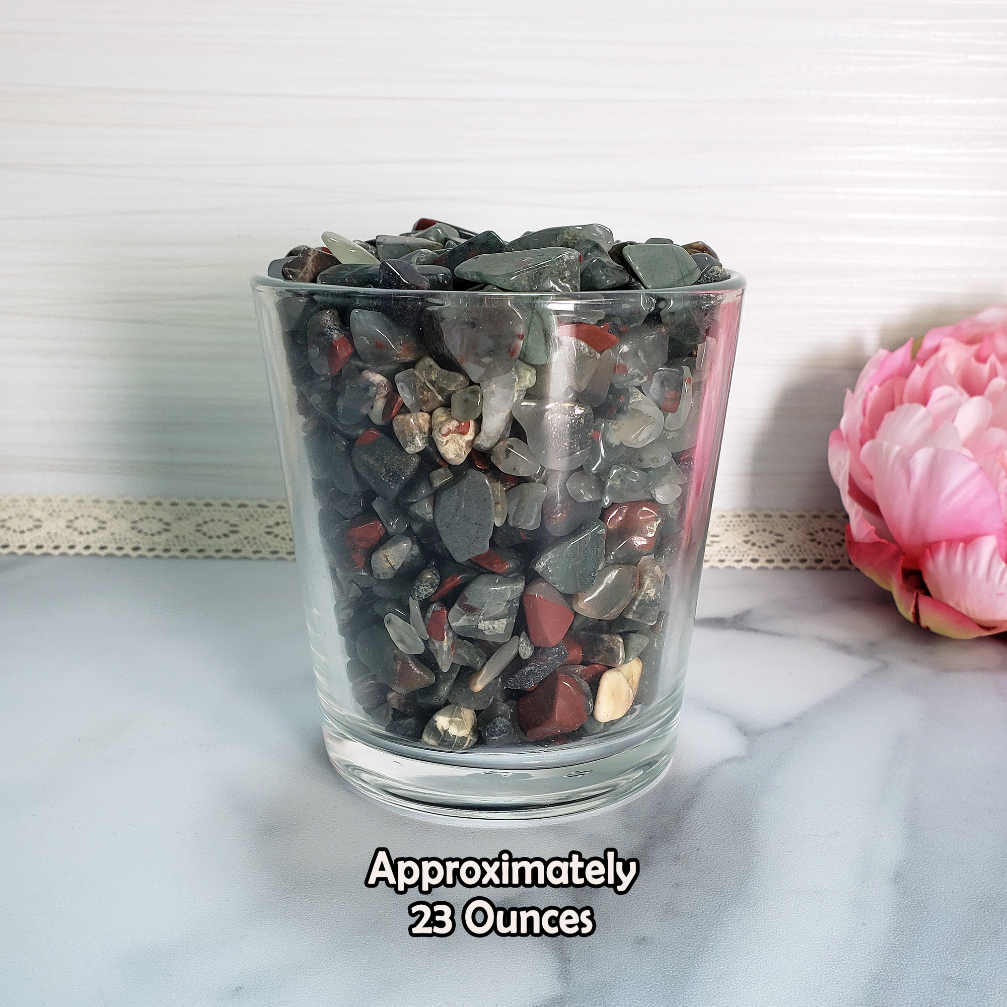 Seftonite Bloodstone Natural Gemstone Chips By the Ounce - 23 Ounces Bloodstone Crystal Chips in Glass Tumbler