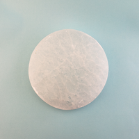 Selenite Crystal Charging Plate Circle Tile - 3.75 Inch Diameter - On Blue Background