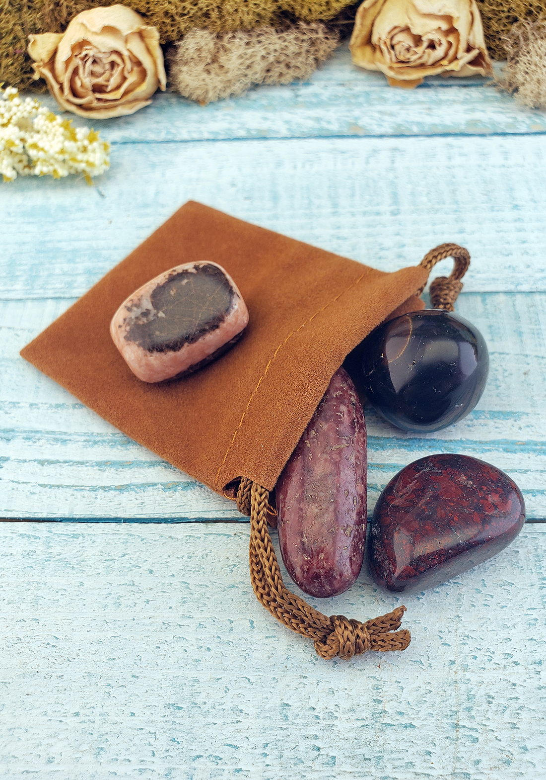 Self Care & Recovery - Set of Four Tumbled Stones with Pouch - Meditation for Self Empowerment and Anxiety Relief