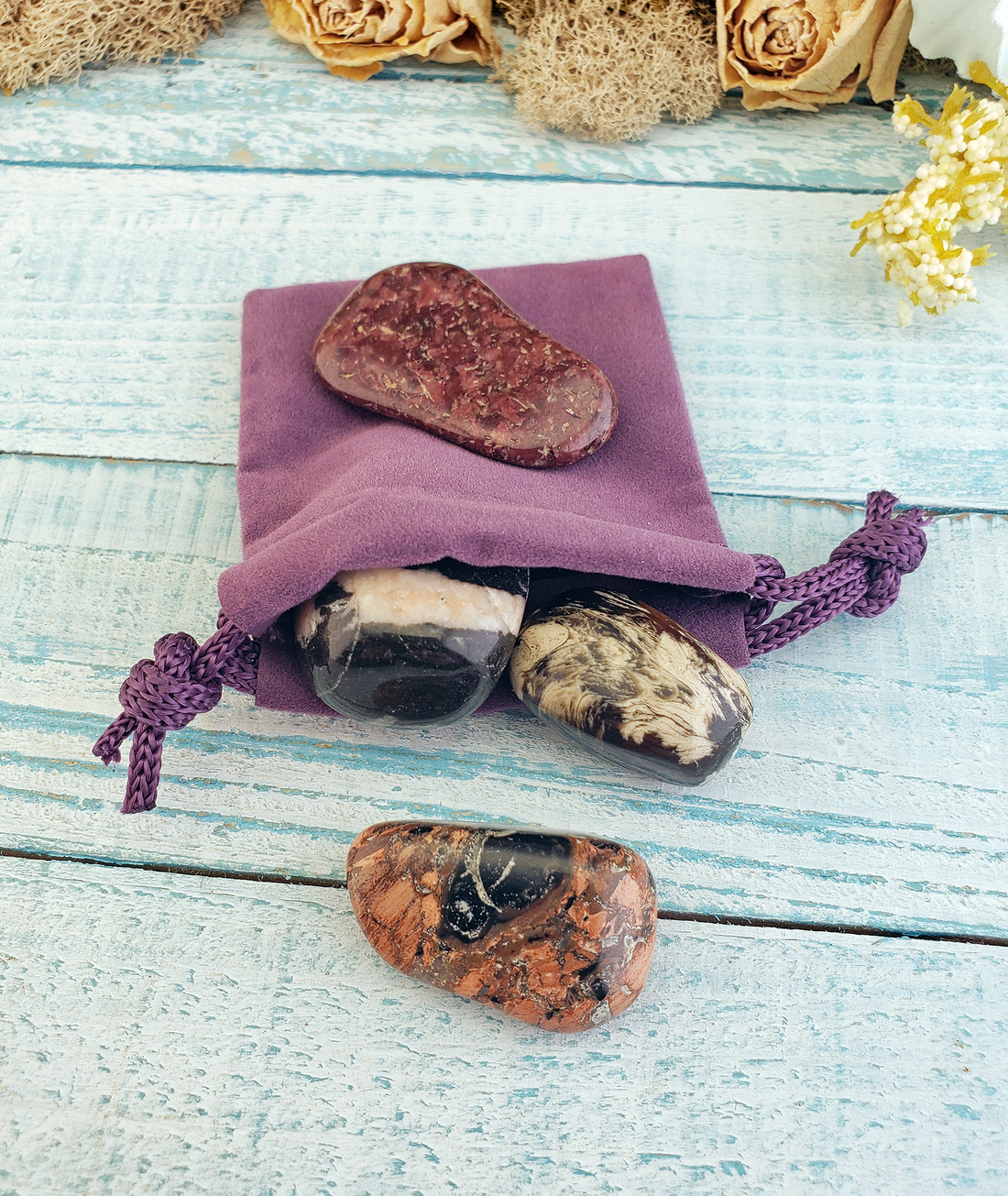Self Care & Recovery - Set of Four Tumbled Stones with Pouch - Four Natural Crystals Gift Set