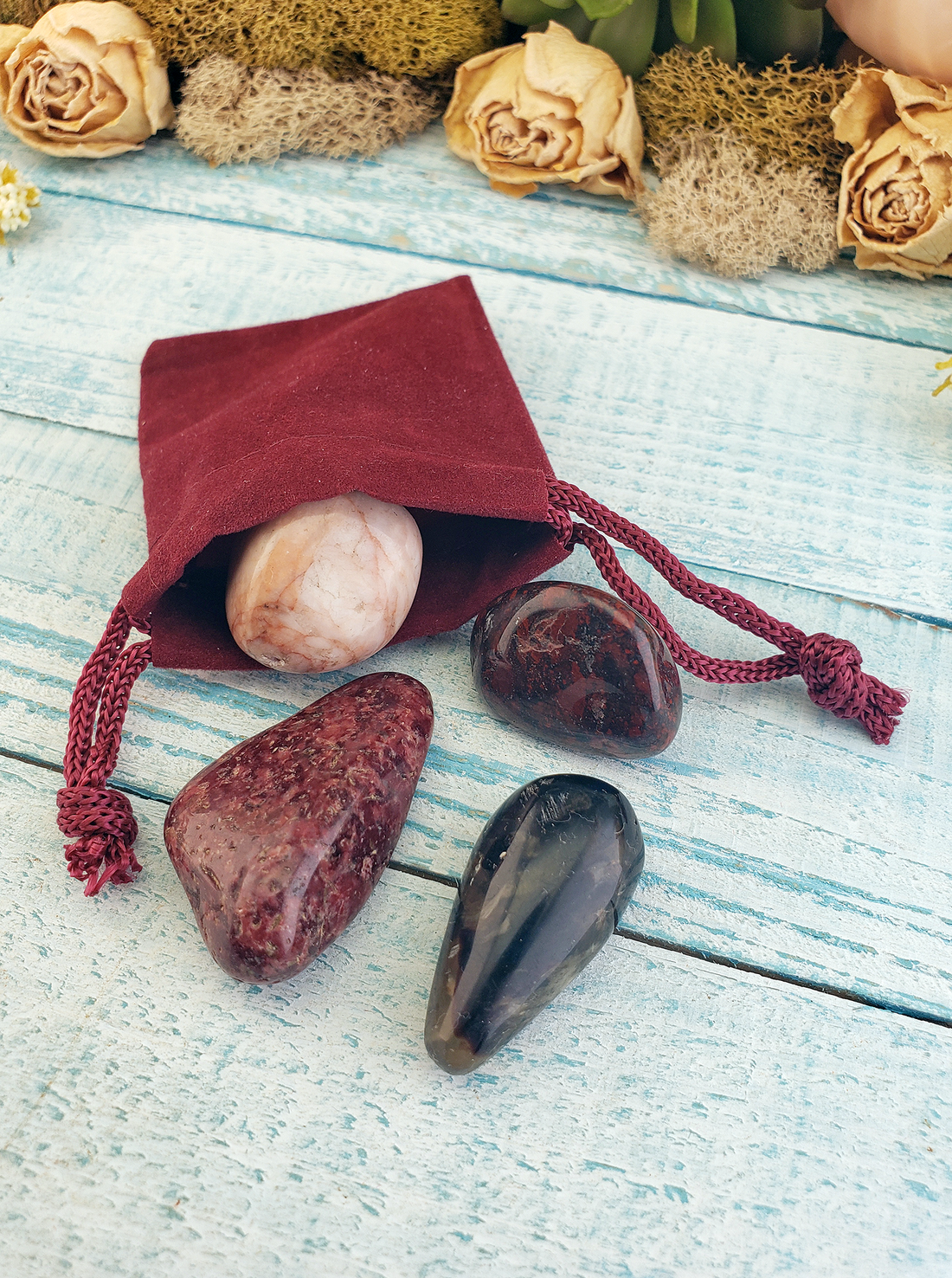 Self Care & Recovery - Set of Four Tumbled Stones with Pouch - Red Wine Jasper Brecciated Jasper Orthoclase Feldspar Zebra Amber