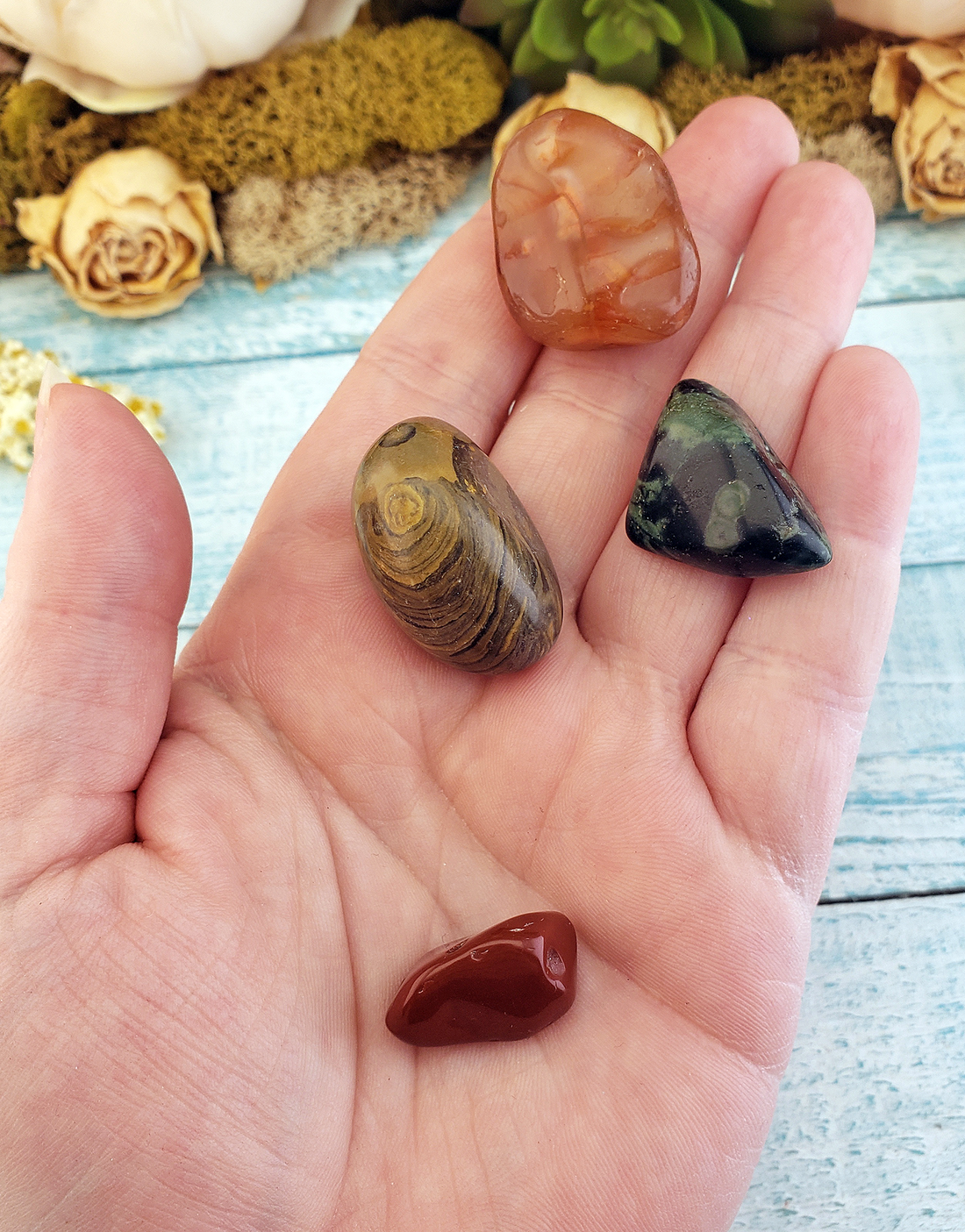 Self Love & Confidence - Set of Four Tumbled Stones with Pouch - Carnelian Red Jasper Kambaba Jasper Camouflage Jasper - Spiritual Gifts