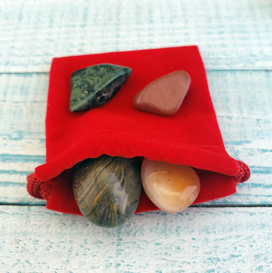 Self Love & Confidence - Set of Four Tumbled Stones with Pouch - Carnelian Red Jasper Kambaba Jasper Camouflage Jasper Gift Set