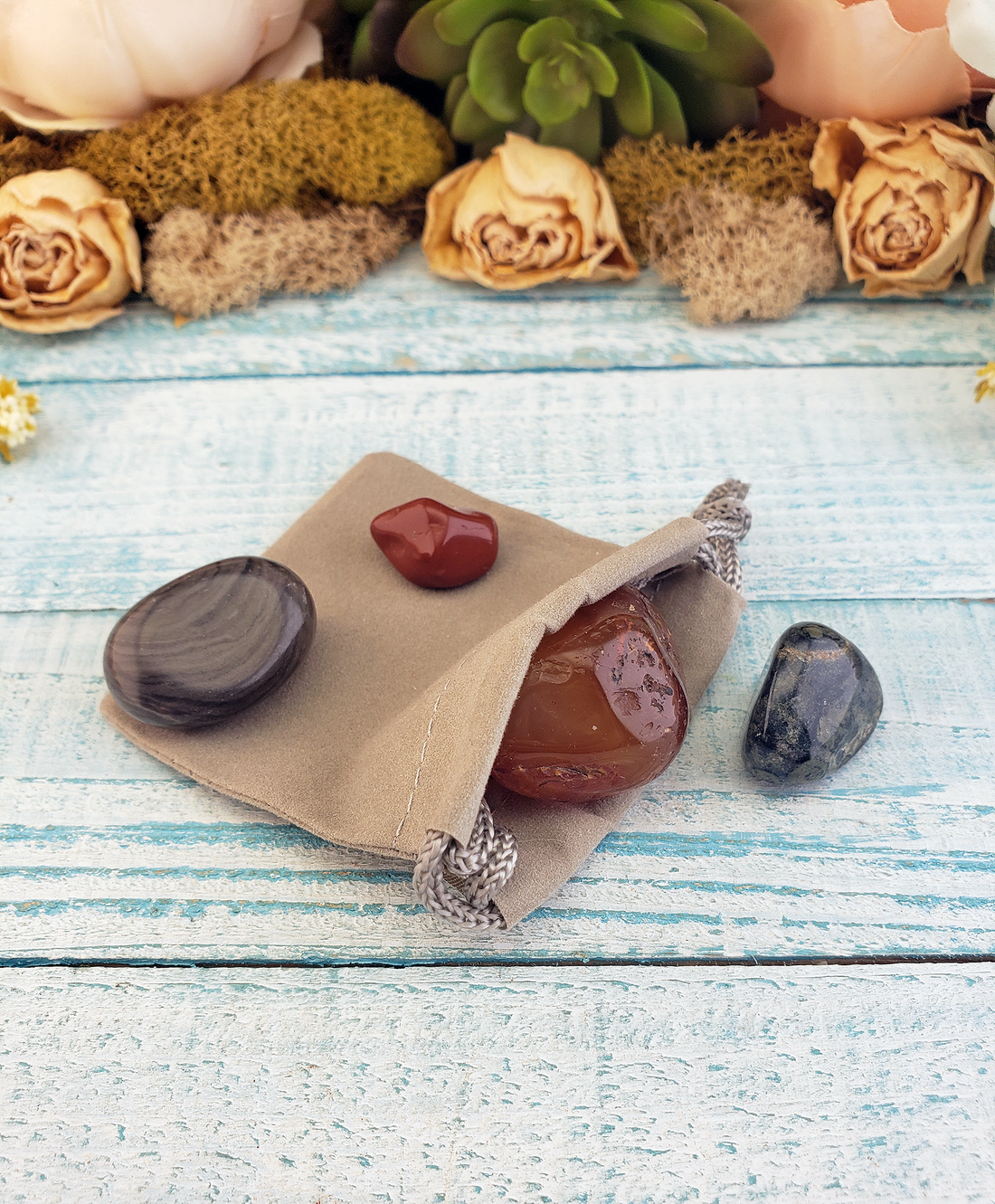 Self Love & Confidence - Set of Four Tumbled Stones with Pouch - Carnelian Red Jasper Kambaba Jasper Camouflage Jasper - Unique Gifts