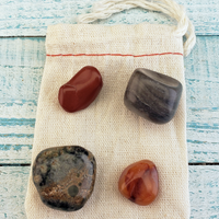 Self Love & Confidence - Set of Four Tumbled Stones with Pouch - Carnelian Red Jasper Kambaba Jasper Camouflage Jasper with Pouch