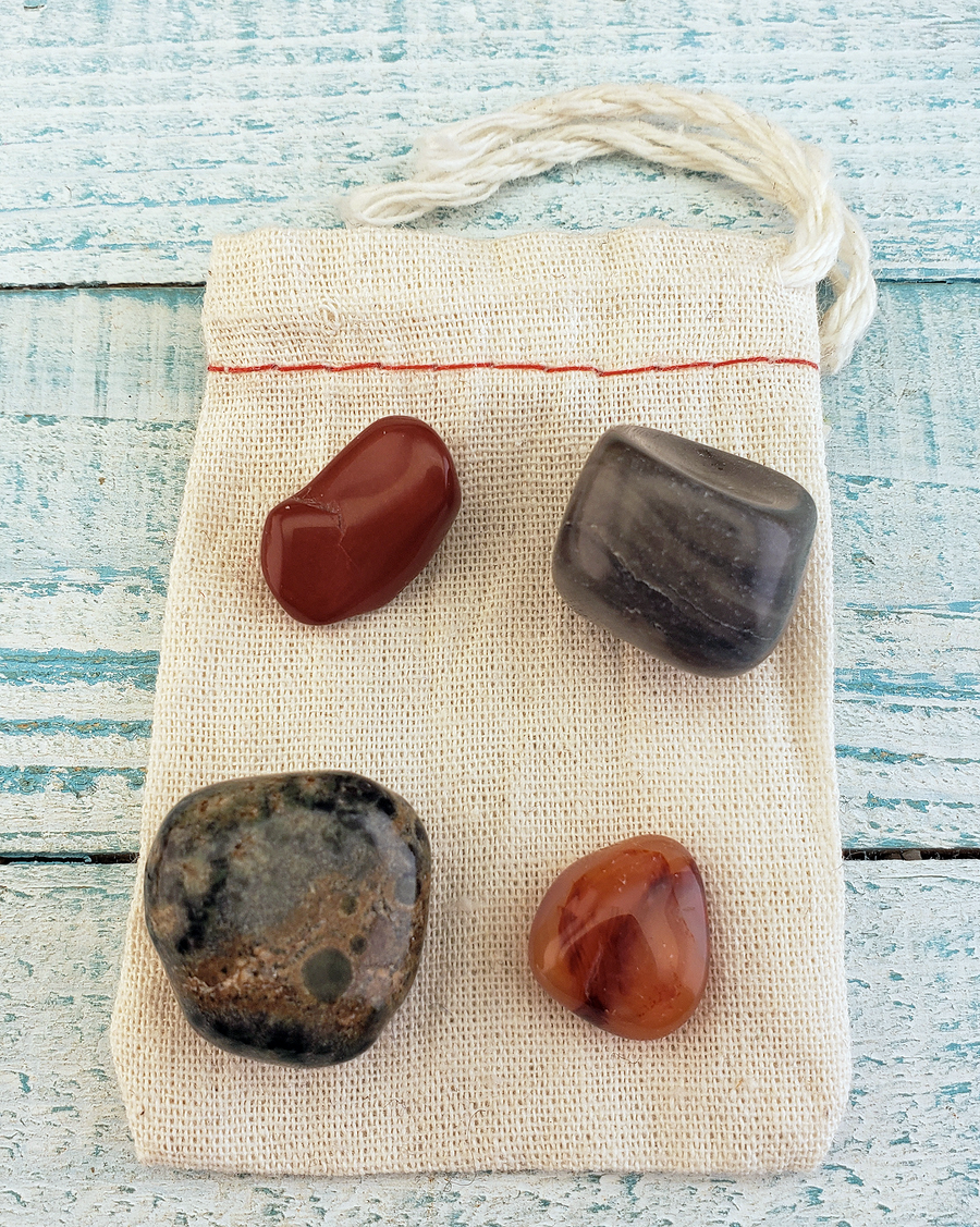 Self Love & Confidence - Set of Four Tumbled Stones with Pouch - Carnelian Red Jasper Kambaba Jasper Camouflage Jasper with Pouch