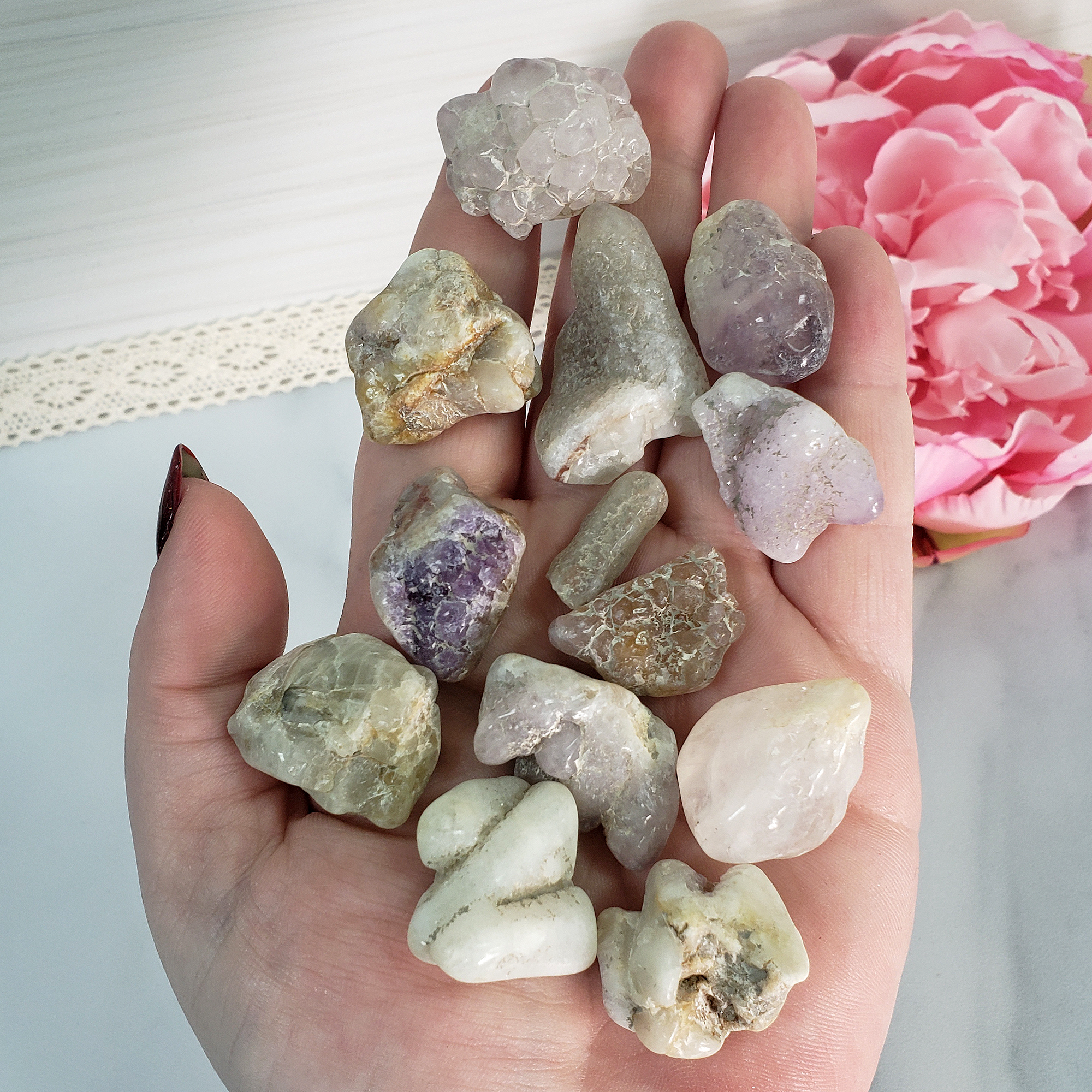 Cactus Quartz & Spirit Amethyst Crystal Mix Natural Semi-Tumbled Stones - In Hand