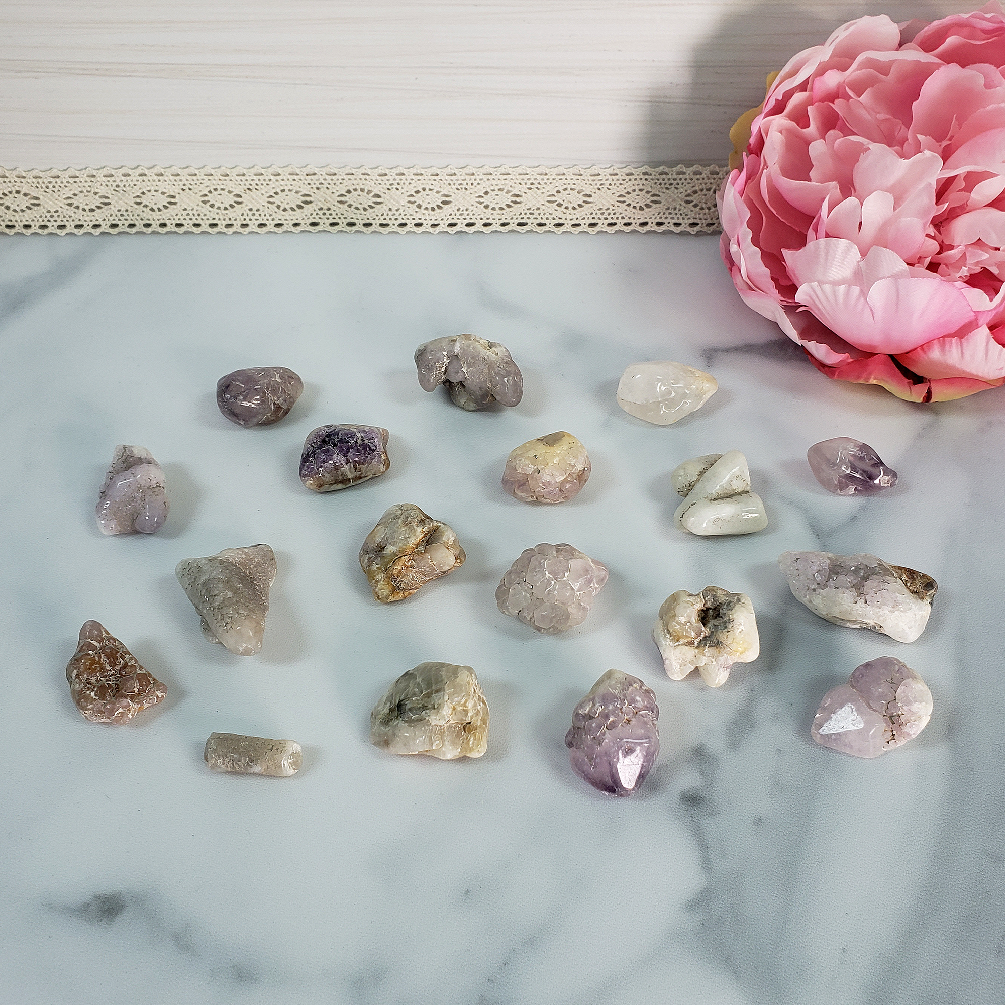 Cactus Quartz & Spirit Amethyst Crystal Mix Natural Semi-Tumbled Stones - On Tile