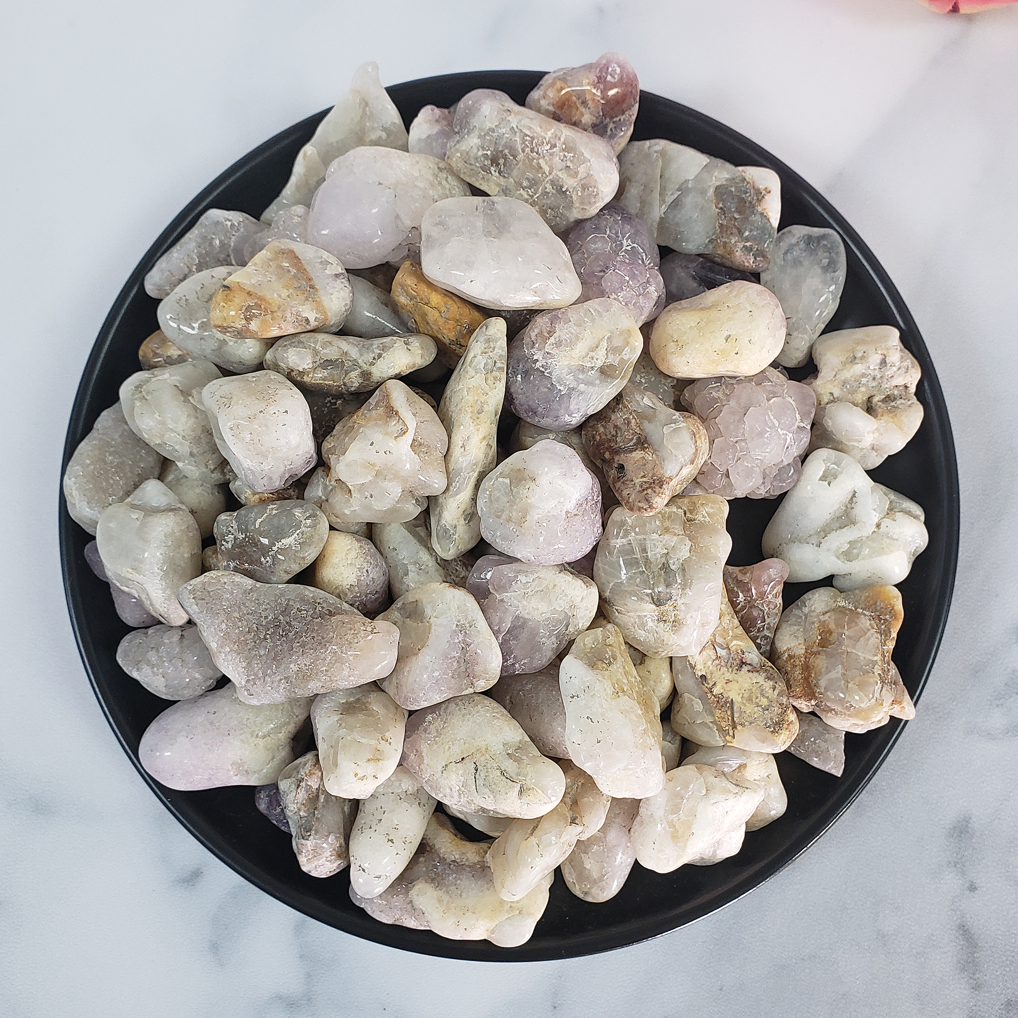 Cactus Quartz &amp; Spirit Amethyst Crystal Mix Natural Semi-Tumbled Stones - In Black Ceramic Bowl