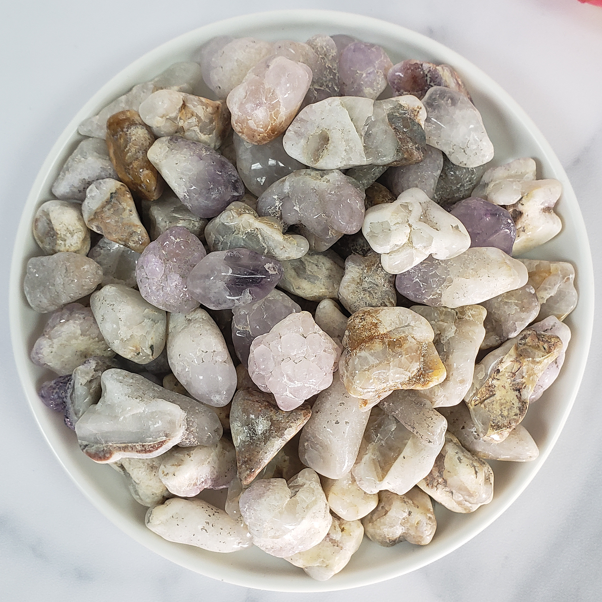 Cactus Quartz &amp; Spirit Amethyst Crystal Mix Natural Semi-Tumbled Stones - In White Ceramic Dish