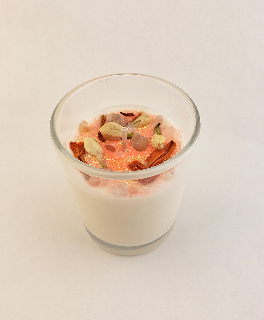 Sensual - Votive Coconut Soy Wax Handmade Scented Candle - Scented with Essential Oils - Decorated with Crystal Chips and Dried Herbs - Tiger Lily Jasmine Flower Cherry Blossom Agate