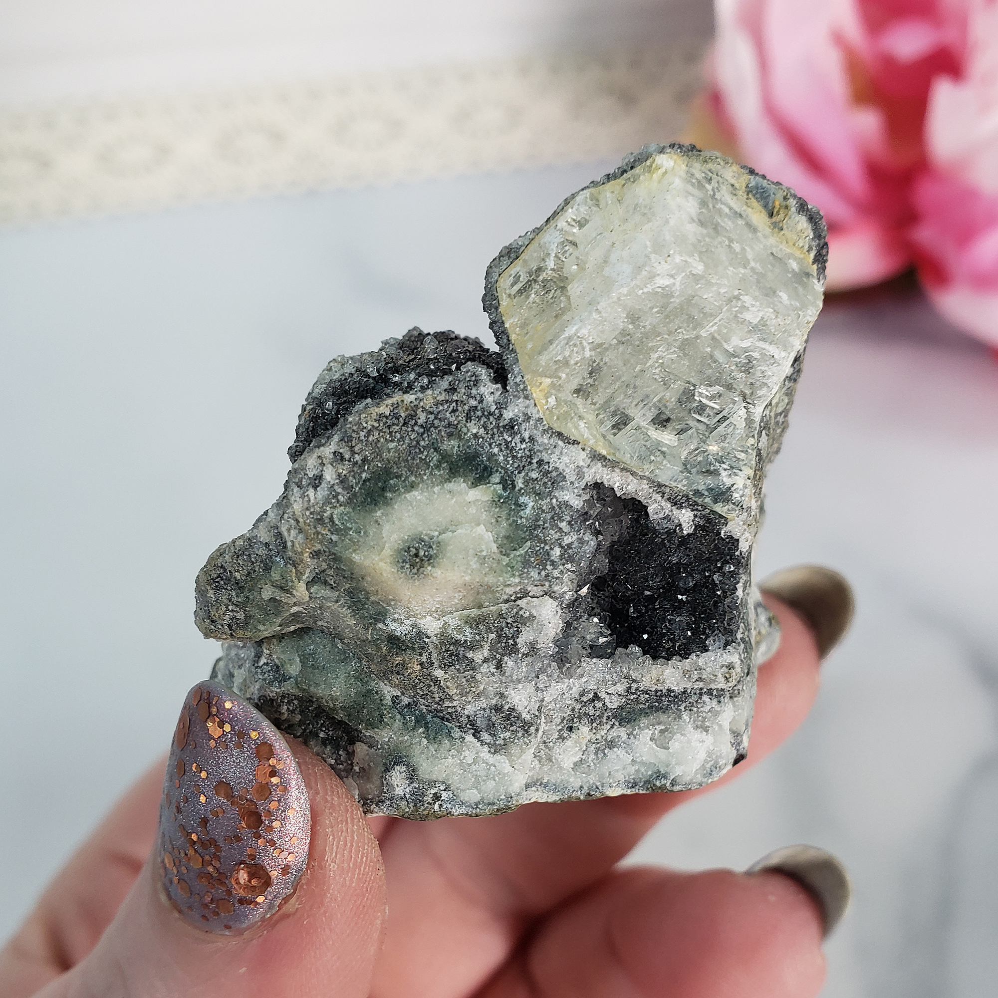 Unique Druzy Black Amethyst Included Quartz with Gypsum Crystal Cluster Natural Gemstone | Serenity - 2