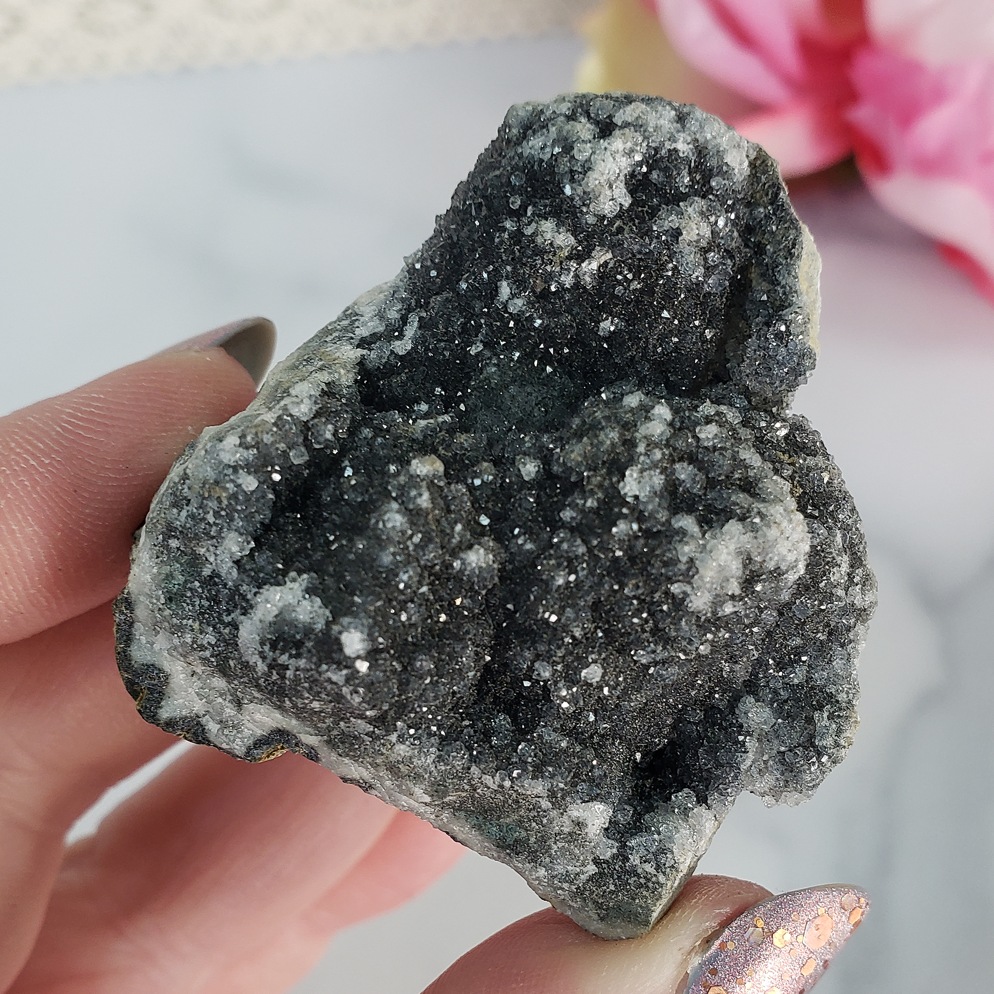 Unique Druzy Black Amethyst Included Quartz with Gypsum Crystal Cluster Natural Gemstone | Serenity