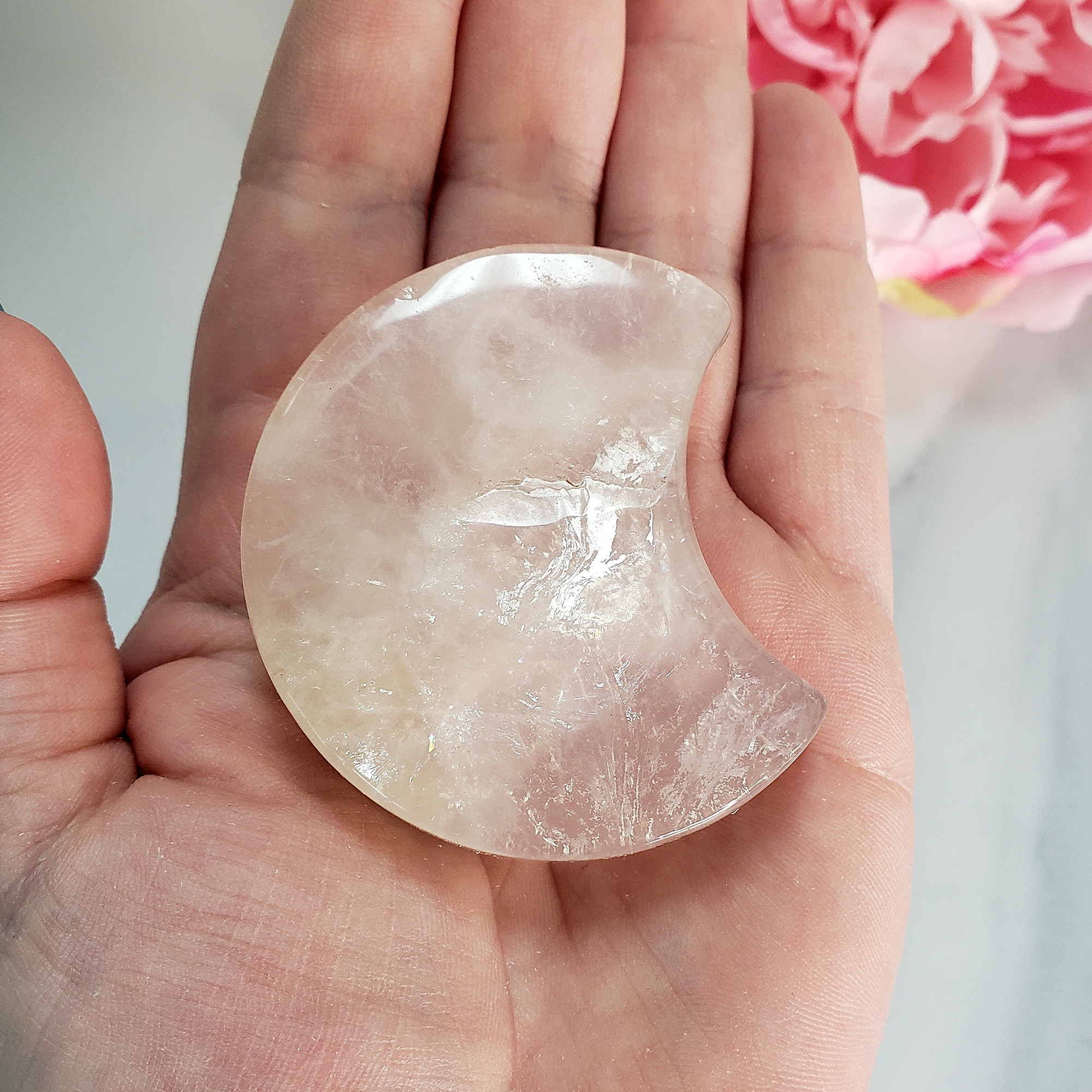 Unique Rose Quartz Crystal Crescent Moon Carving - Serenity - Internal Fractures Causing Shimmers