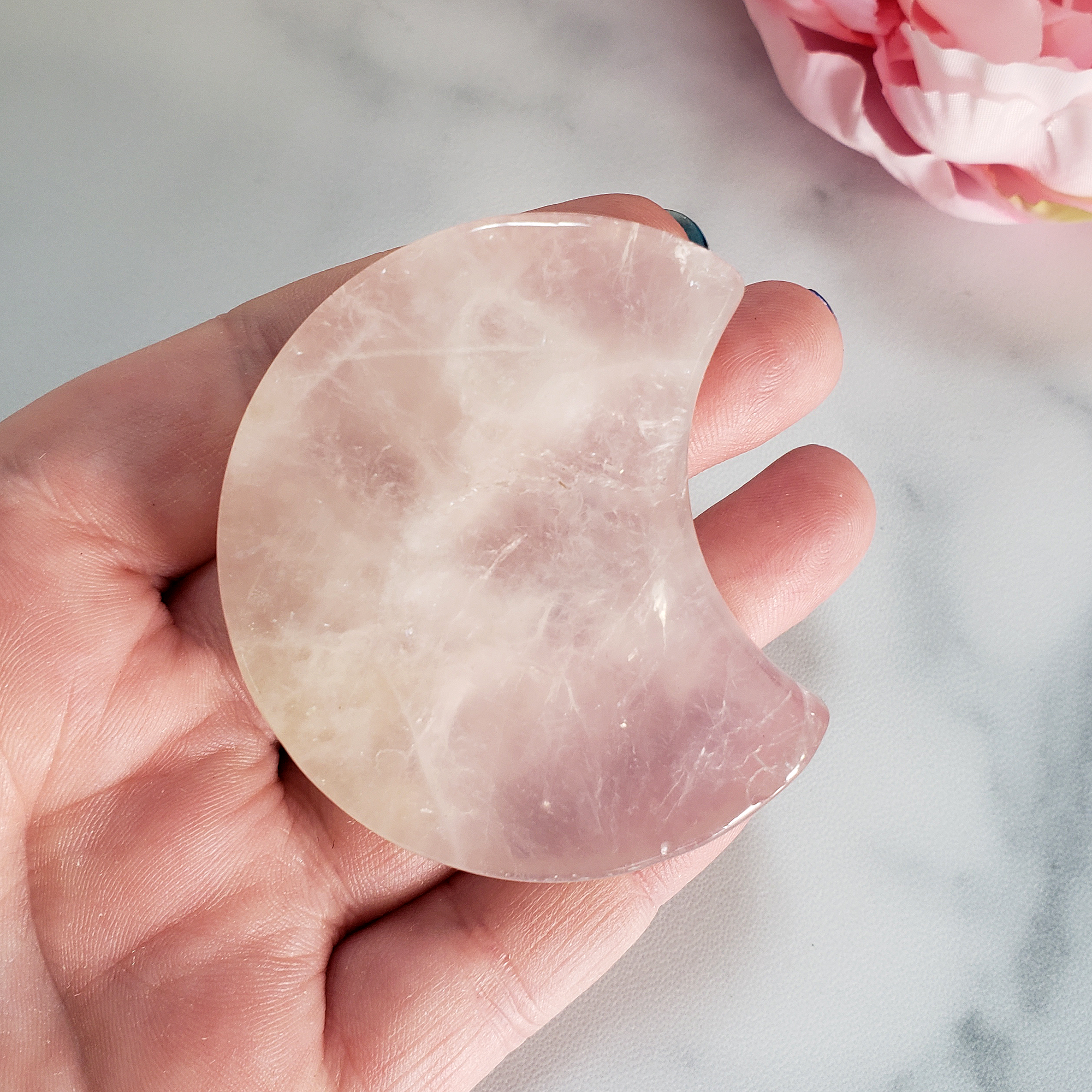 Unique Rose Quartz Crystal Crescent Moon Carving - Serenity - In Hand