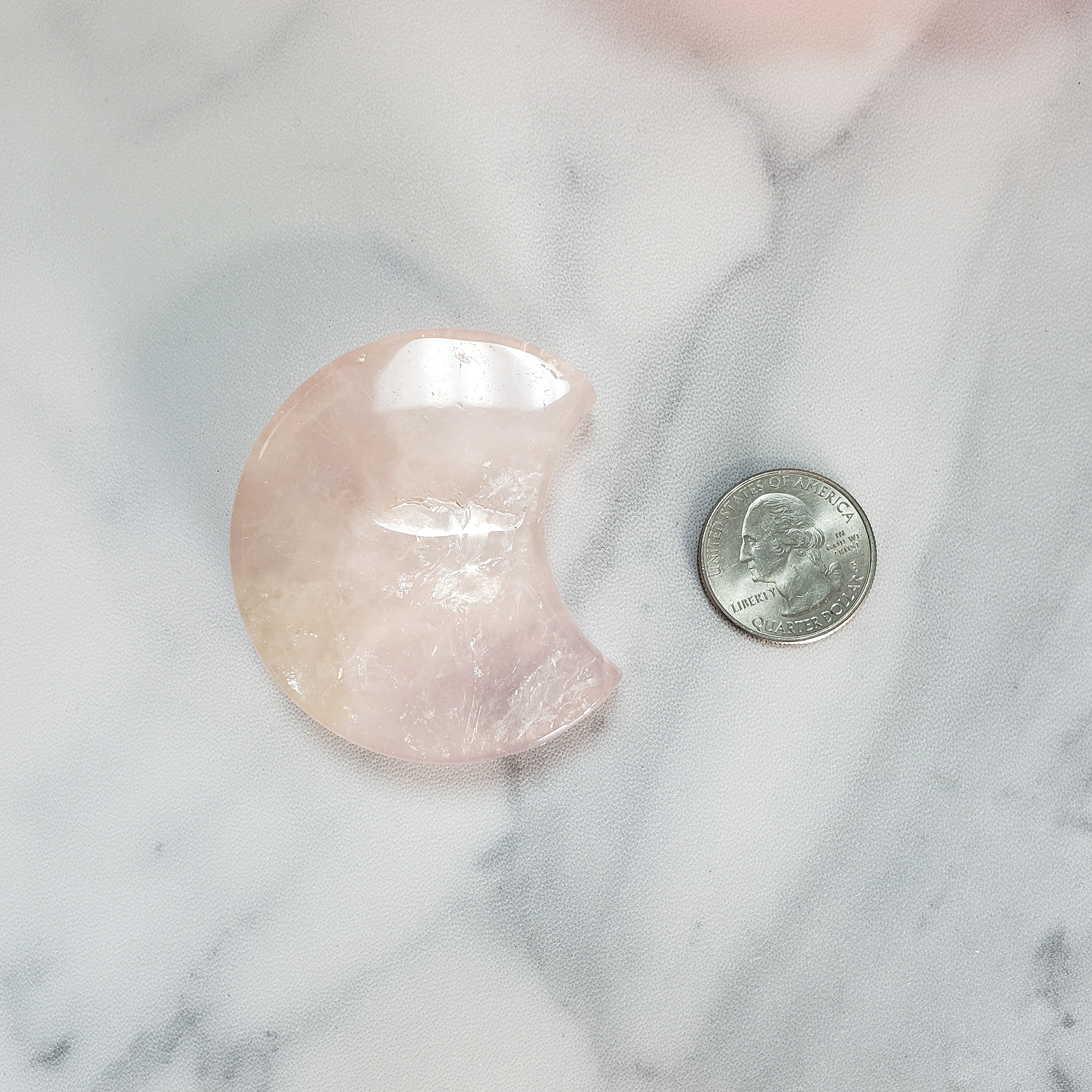 Unique Rose Quartz Crystal Crescent Moon Carving - Serenity - Size Comparison