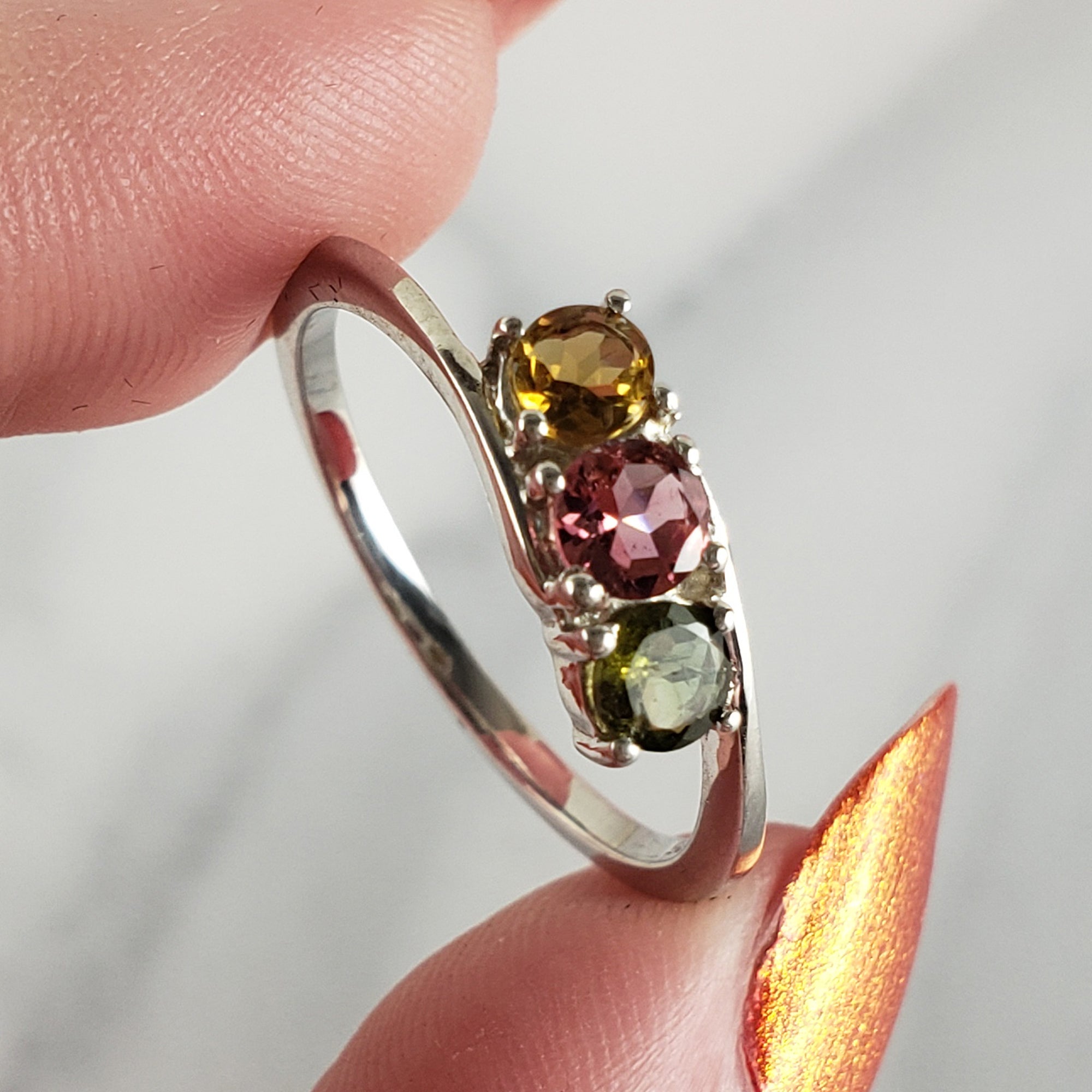 Green Tourmaline, Pink Tourmaline, & Yellow Tourmaline Crystal Natural Gemstone 925 Sterling Silver Ring | Size 10 - 1
