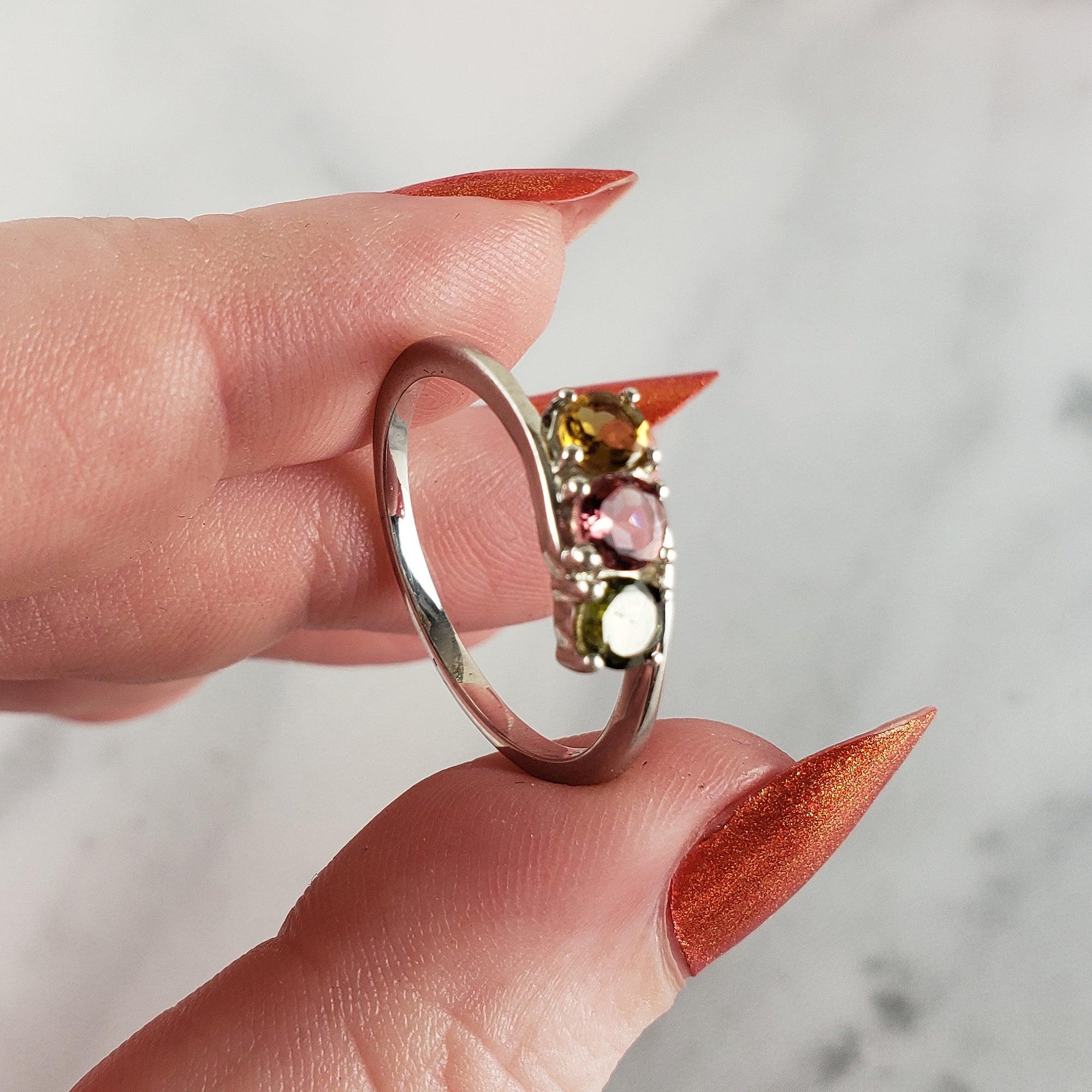Green Tourmaline, Pink Tourmaline, &amp; Yellow Tourmaline Crystal Natural Gemstone 925 Sterling Silver Ring | Size 10 - 4