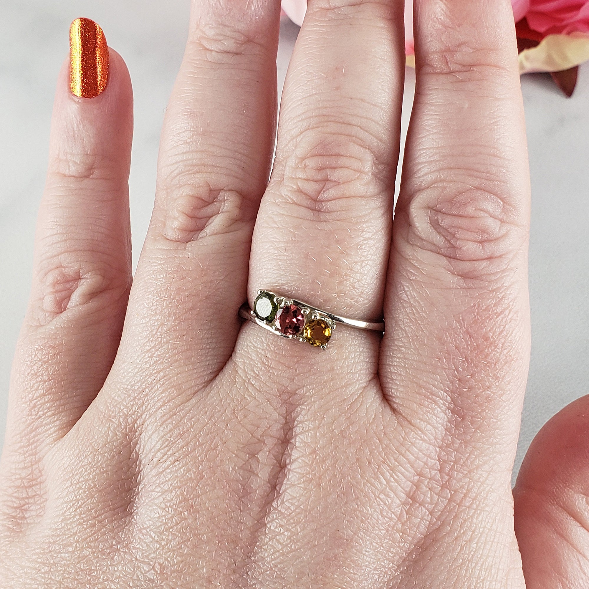 Green Tourmaline, Pink Tourmaline, & Yellow Tourmaline Crystal Natural Gemstone 925 Sterling Silver Ring | Size 10 - 2