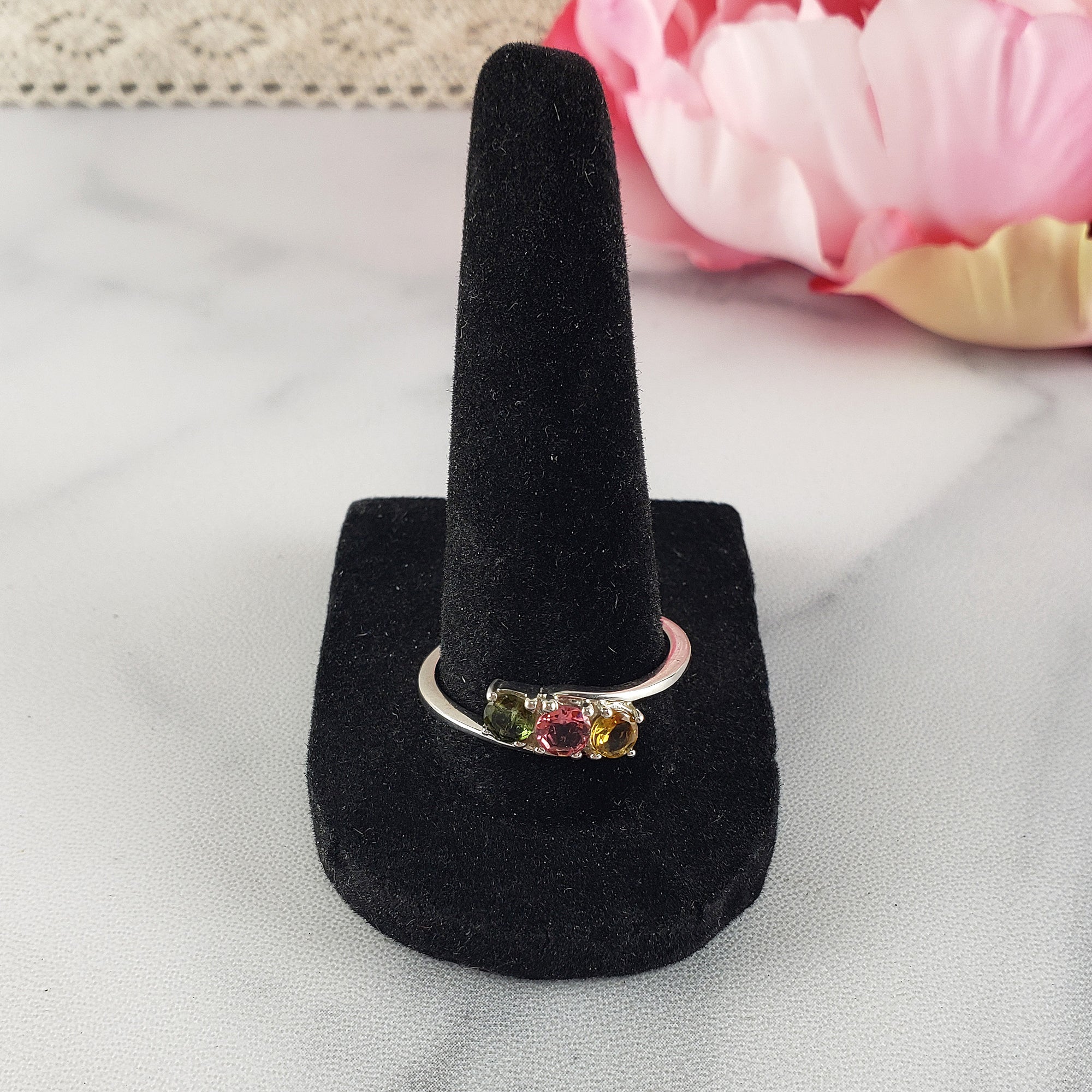 Green Tourmaline, Pink Tourmaline, & Yellow Tourmaline Crystal Natural Gemstone 925 Sterling Silver Ring | Size 10