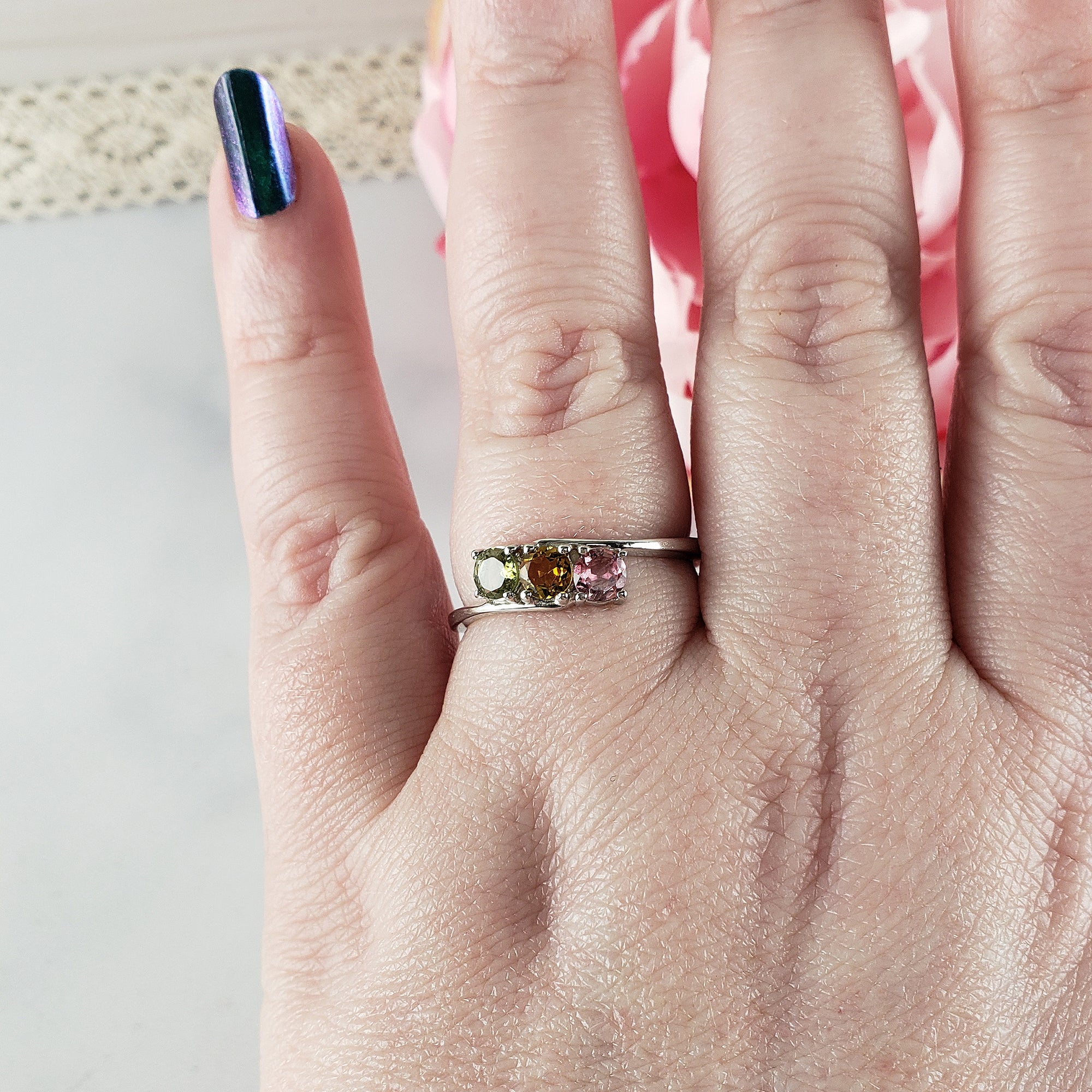 Green Tourmaline, Yellow Tourmaline, & Pink Tourmaline Crystal Natural Gemstone 925 Sterling Silver Ring | Size 10 - 2