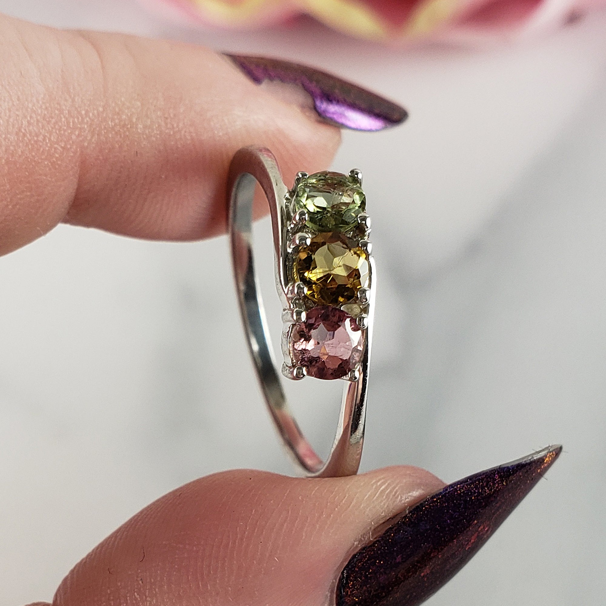 Green Tourmaline, Yellow Tourmaline, &amp; Pink Tourmaline Crystal Natural Gemstone 925 Sterling Silver Ring | Size 10 - 3