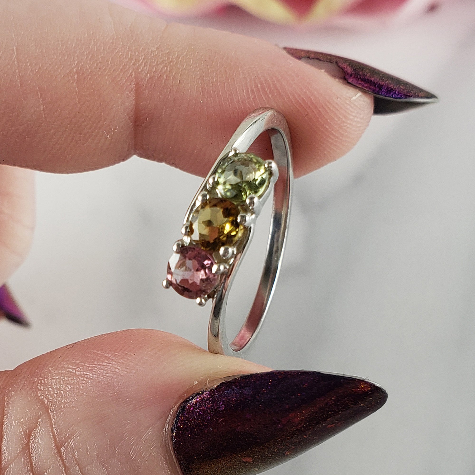 Green Tourmaline, Yellow Tourmaline, &amp; Pink Tourmaline Crystal Natural Gemstone 925 Sterling Silver Ring | Size 10 - 1
