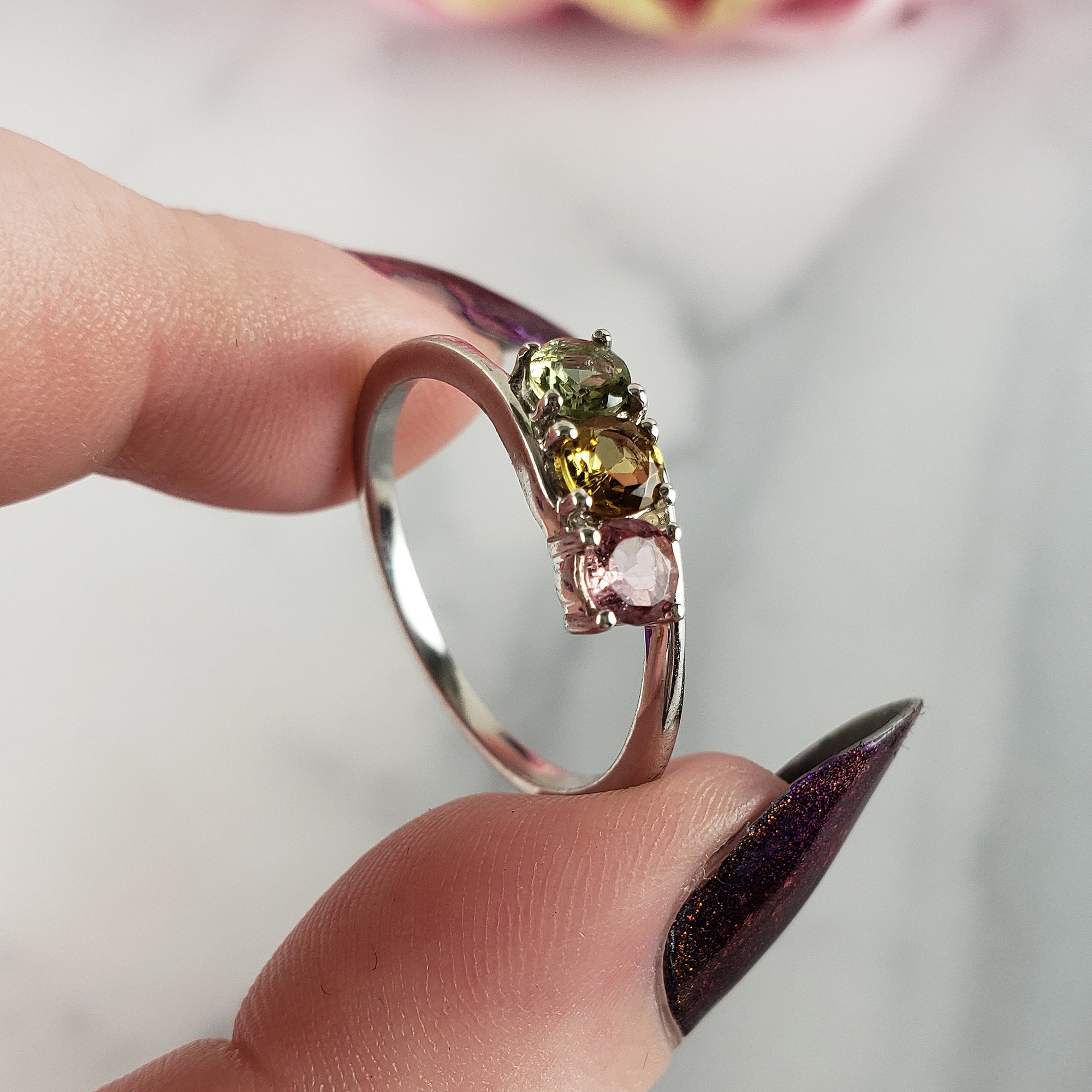 Green Tourmaline, Yellow Tourmaline, & Pink Tourmaline Crystal Natural Gemstone 925 Sterling Silver Ring | Size 10 - 5