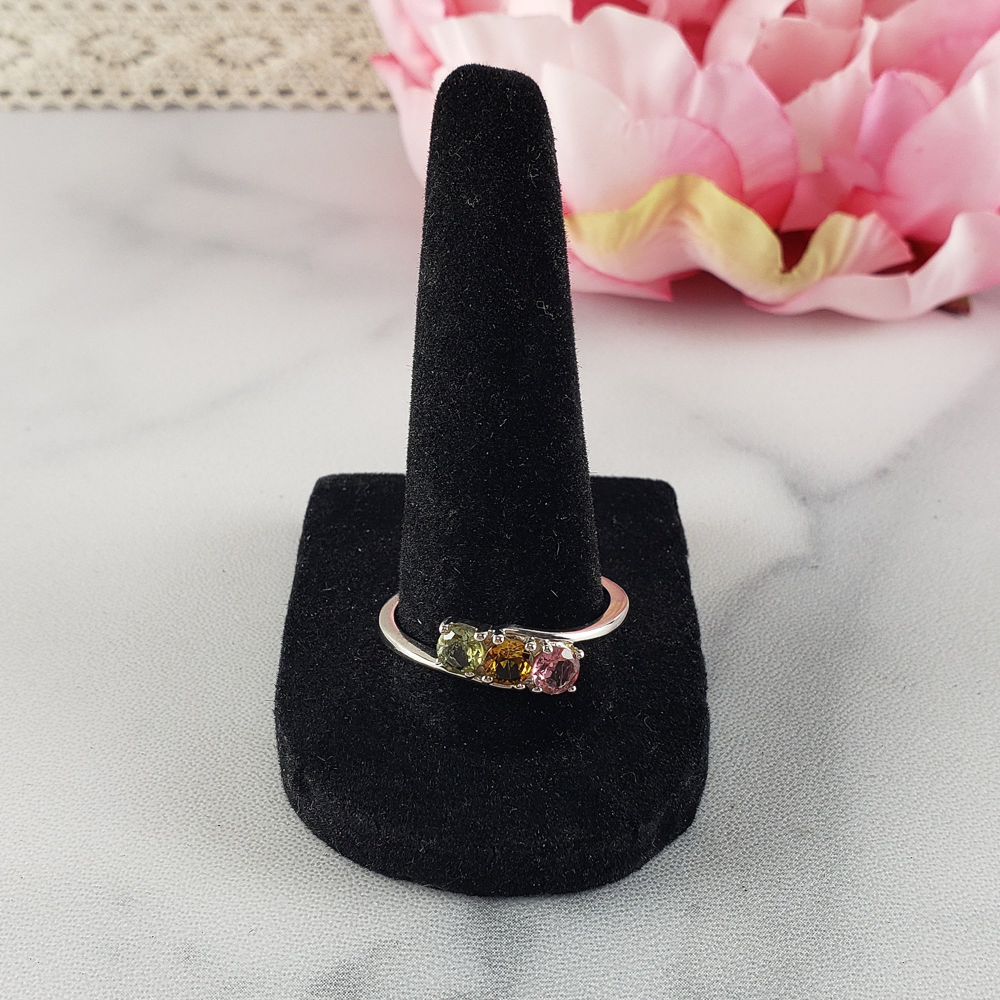 Green Tourmaline, Yellow Tourmaline, & Pink Tourmaline Crystal Natural Gemstone 925 Sterling Silver Ring | Size 10