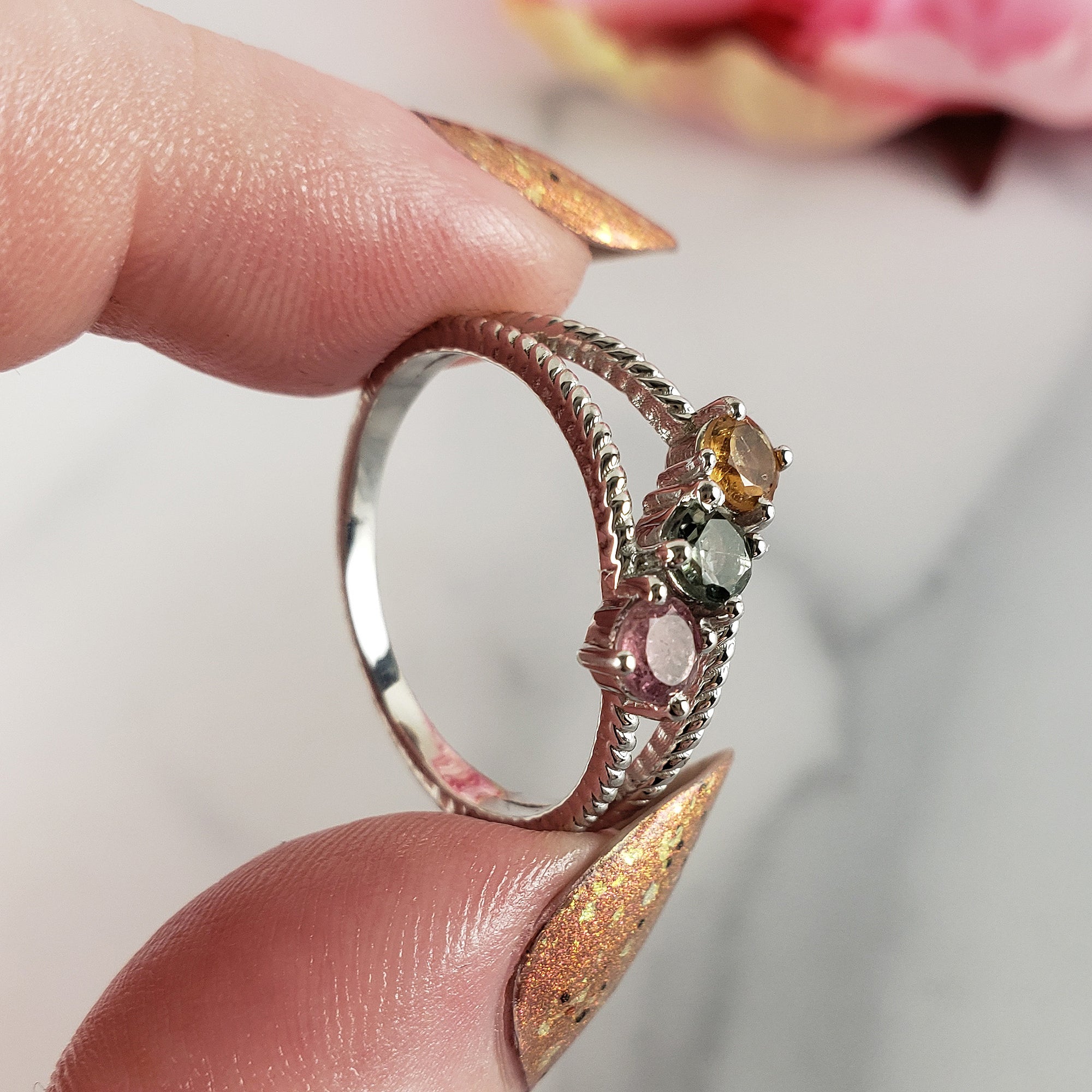 Pink Tourmaline, Blue-Green Tourmaline, &amp; Yellow Tourmaline Crystal Natural Gemstone 925 Sterling Silver Ring | Size 10 - 1