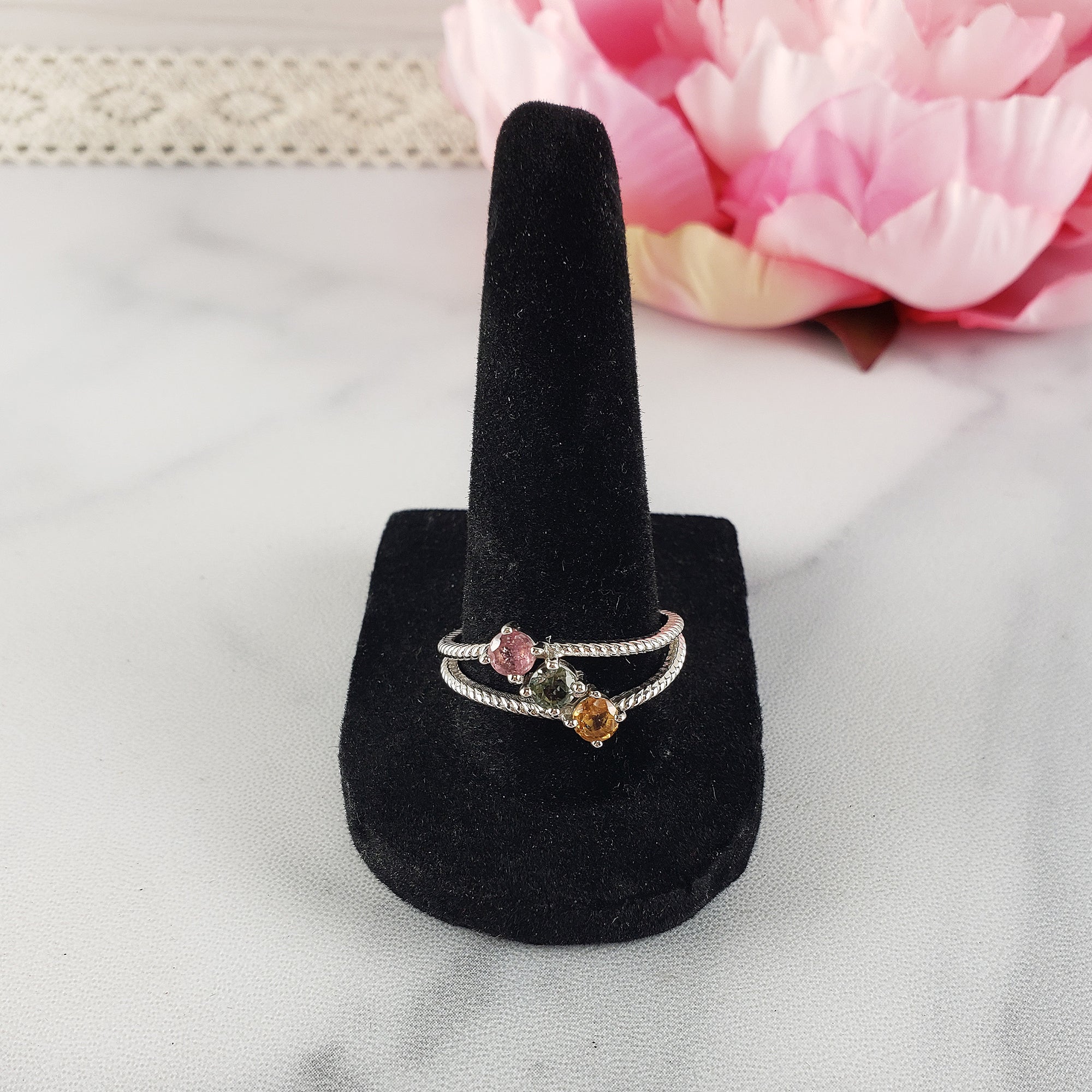 Pink Tourmaline, Blue-Green Tourmaline, & Yellow Tourmaline Crystal Natural Gemstone 925 Sterling Silver Ring | Size 10