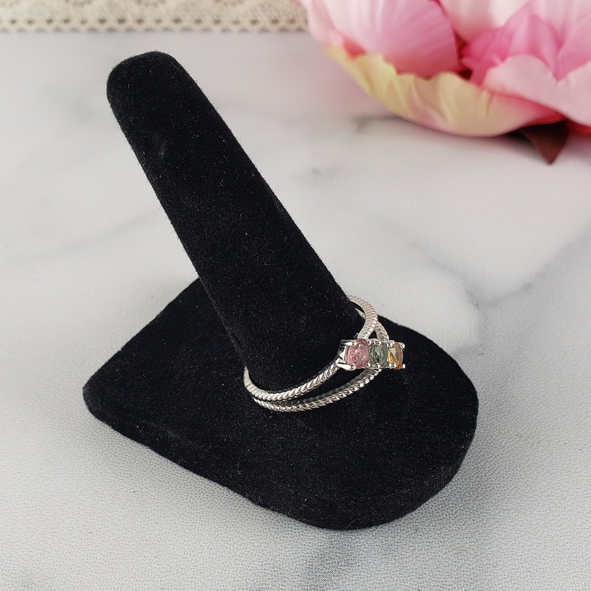 Pink Tourmaline, Blue-Green Tourmaline, &amp; Yellow Tourmaline Crystal Natural Gemstone 925 Sterling Silver Ring | Size 10 - 3