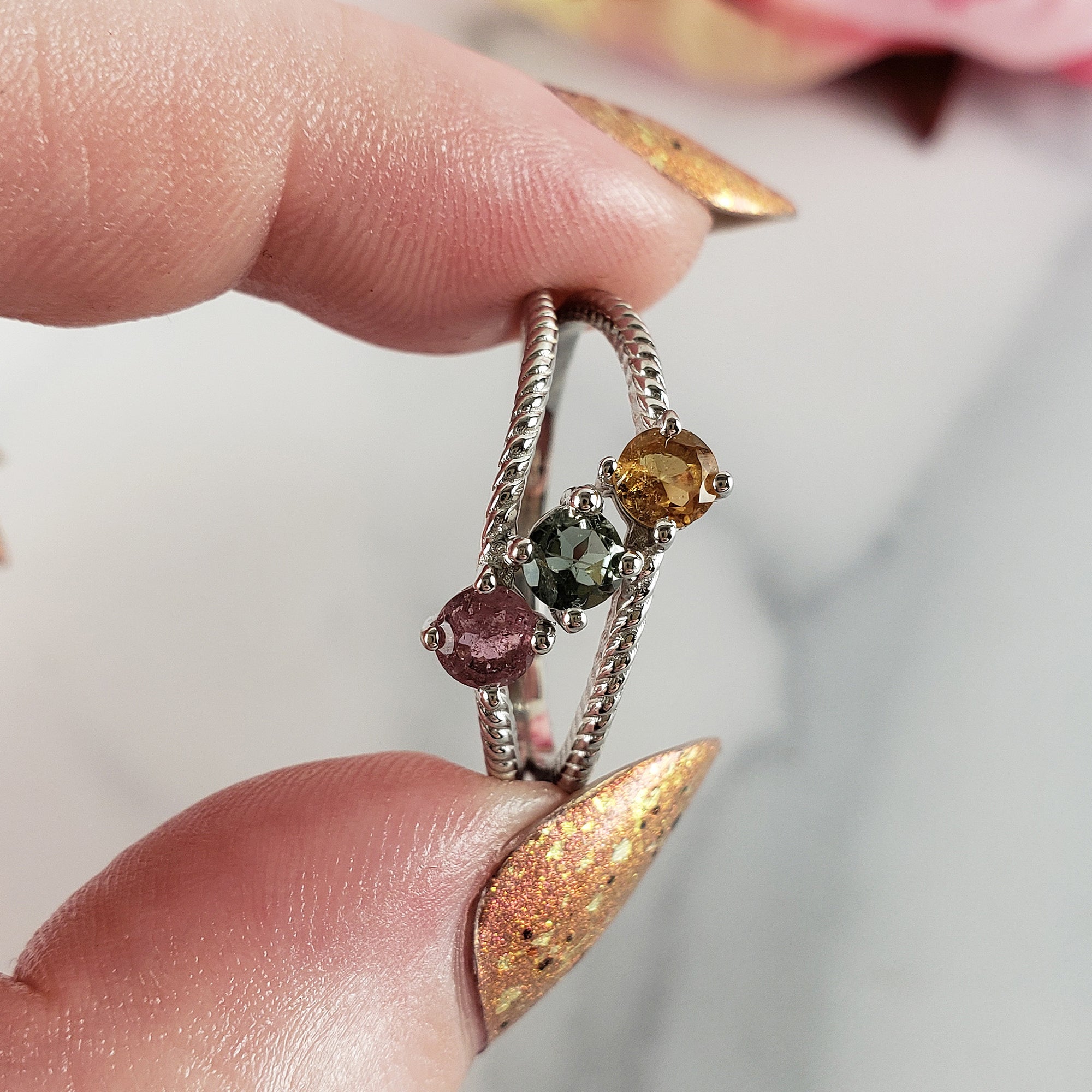 Pink Tourmaline, Blue-Green Tourmaline, & Yellow Tourmaline Crystal Natural Gemstone 925 Sterling Silver Ring | Size 10 - 4