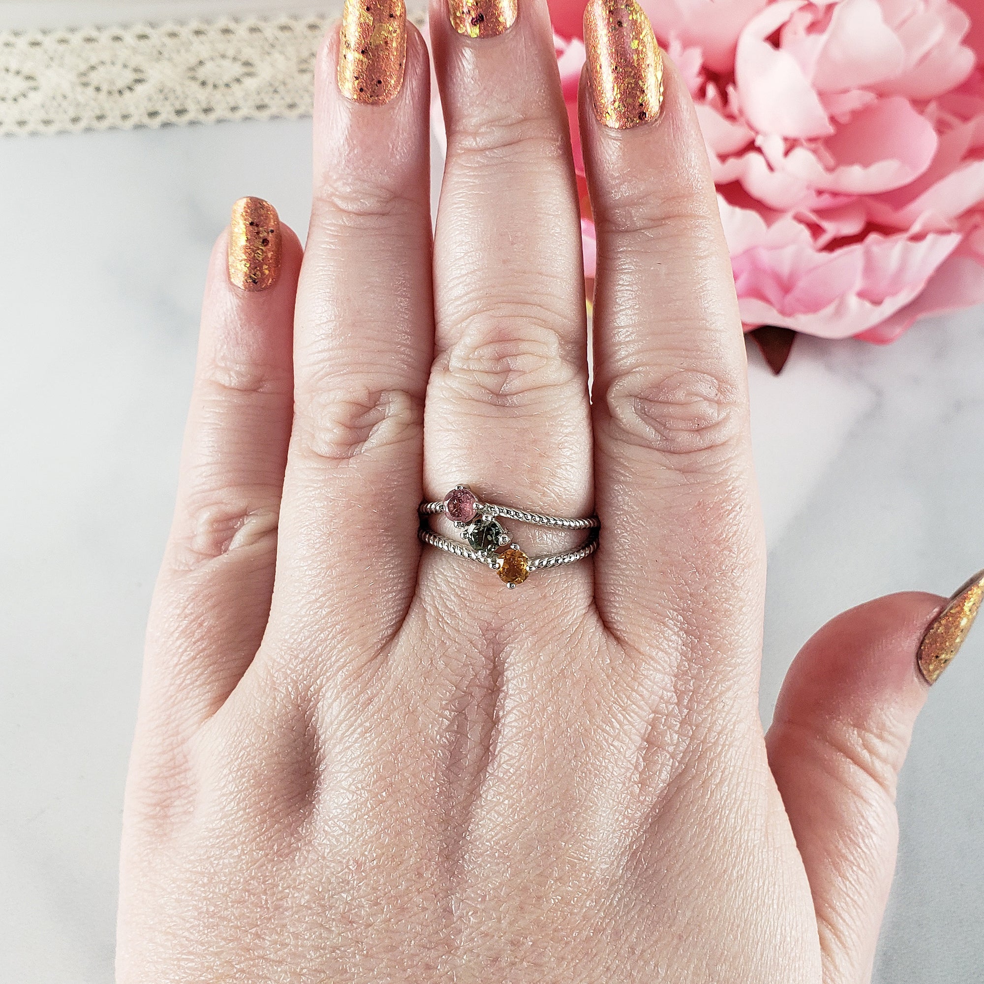 Pink Tourmaline, Blue-Green Tourmaline, & Yellow Tourmaline Crystal Natural Gemstone 925 Sterling Silver Ring | Size 10 -2