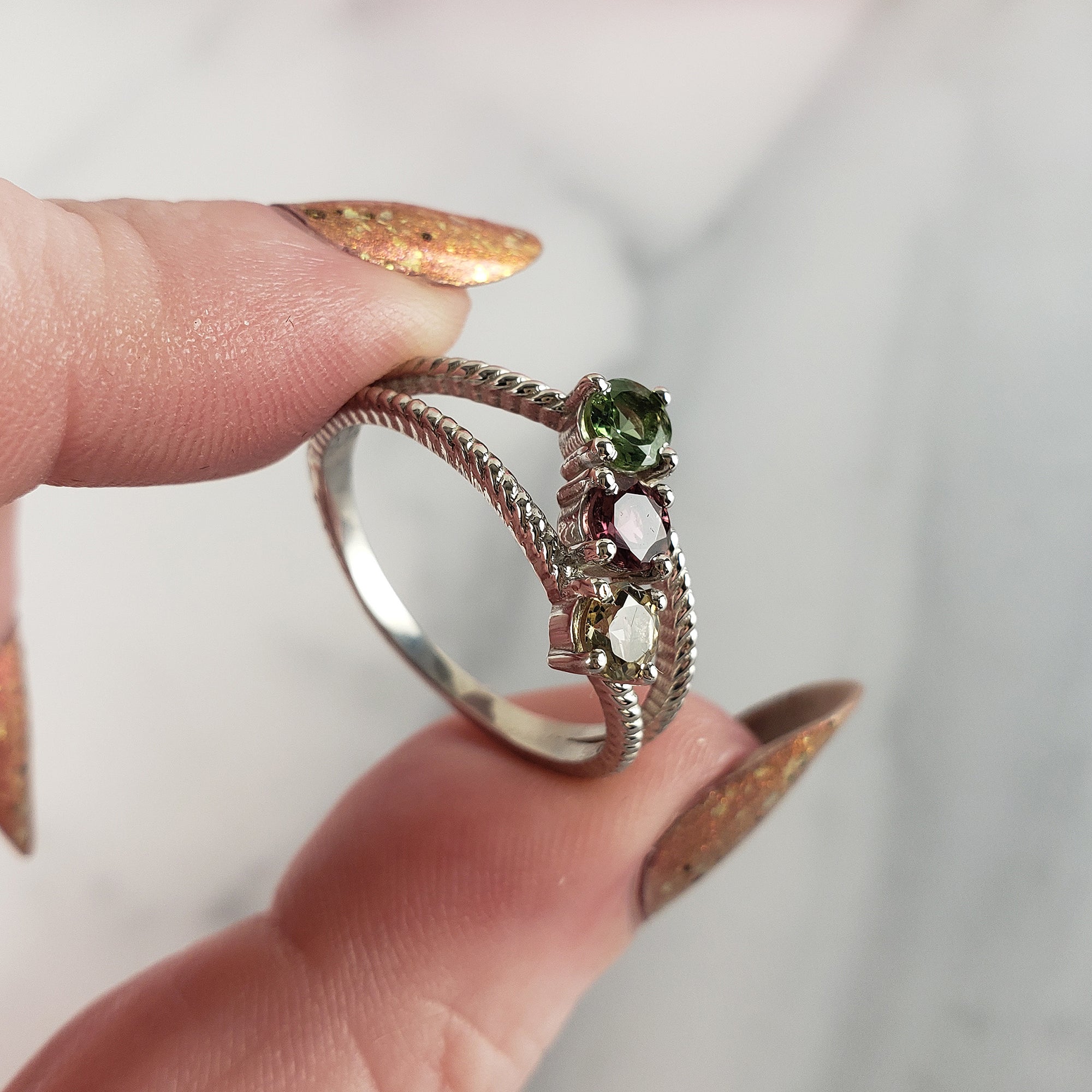 Green, Pink, &amp; Yellow Tourmaline Crystal Natural Gemstone 925 Sterling Silver Ring | Size 10 - 3
