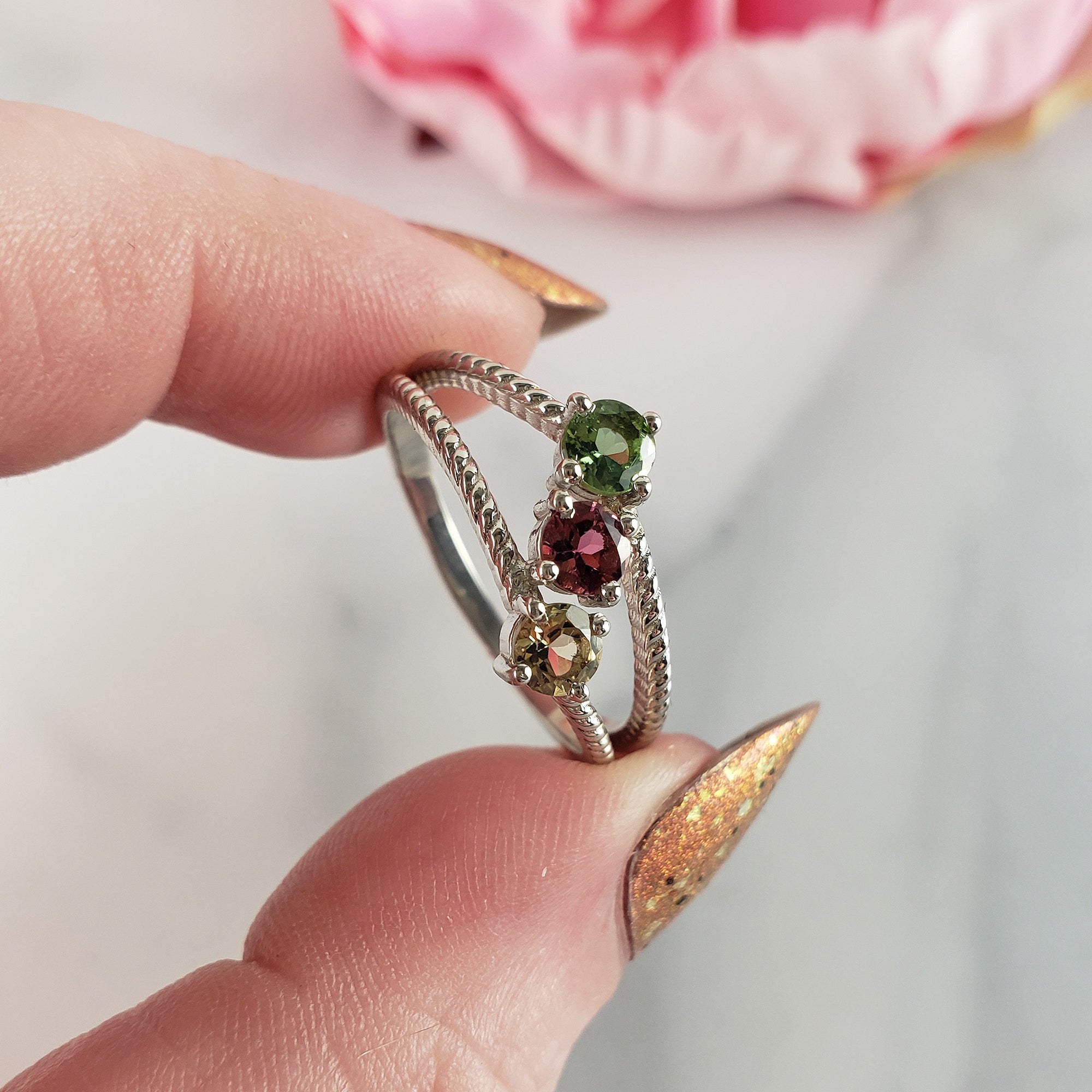 Green, Pink, & Yellow Tourmaline Crystal Natural Gemstone 925 Sterling Silver Ring | Size 10 - 5