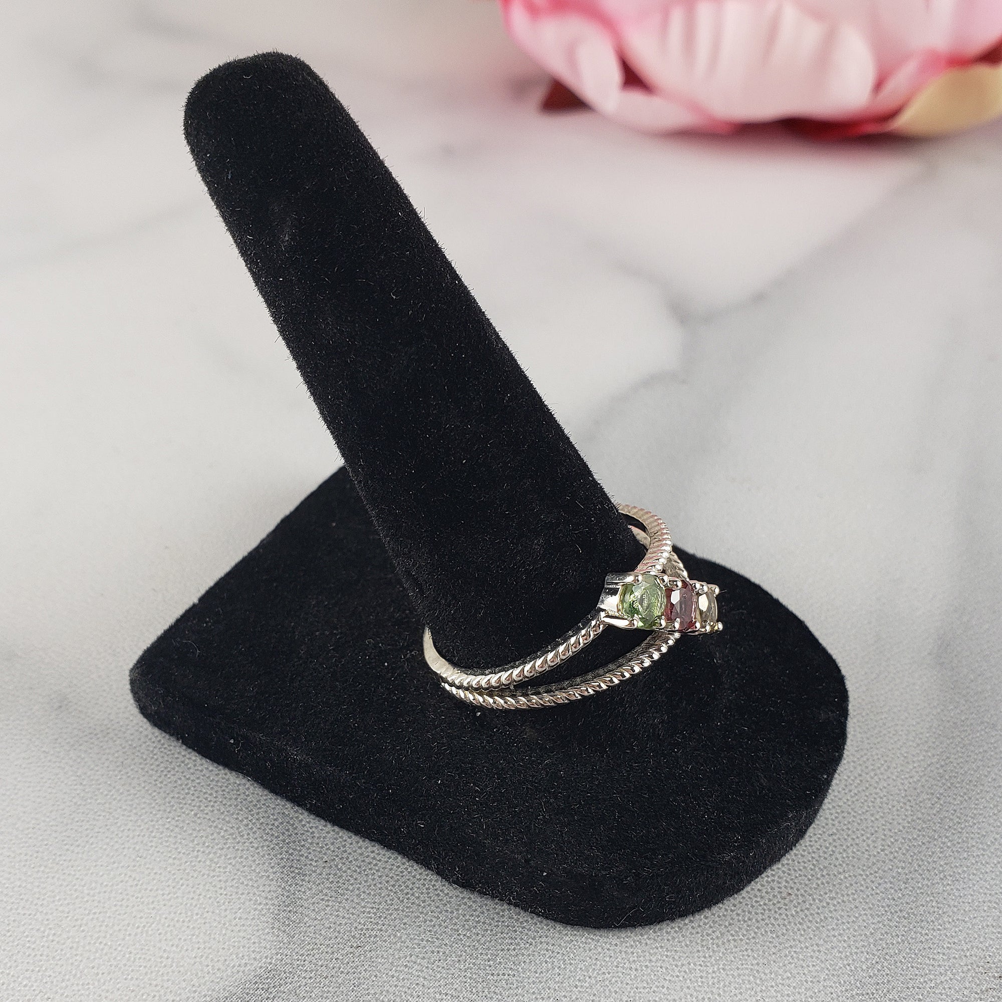 Green, Pink, &amp; Yellow Tourmaline Crystal Natural Gemstone 925 Sterling Silver Ring | Size 10 - 1