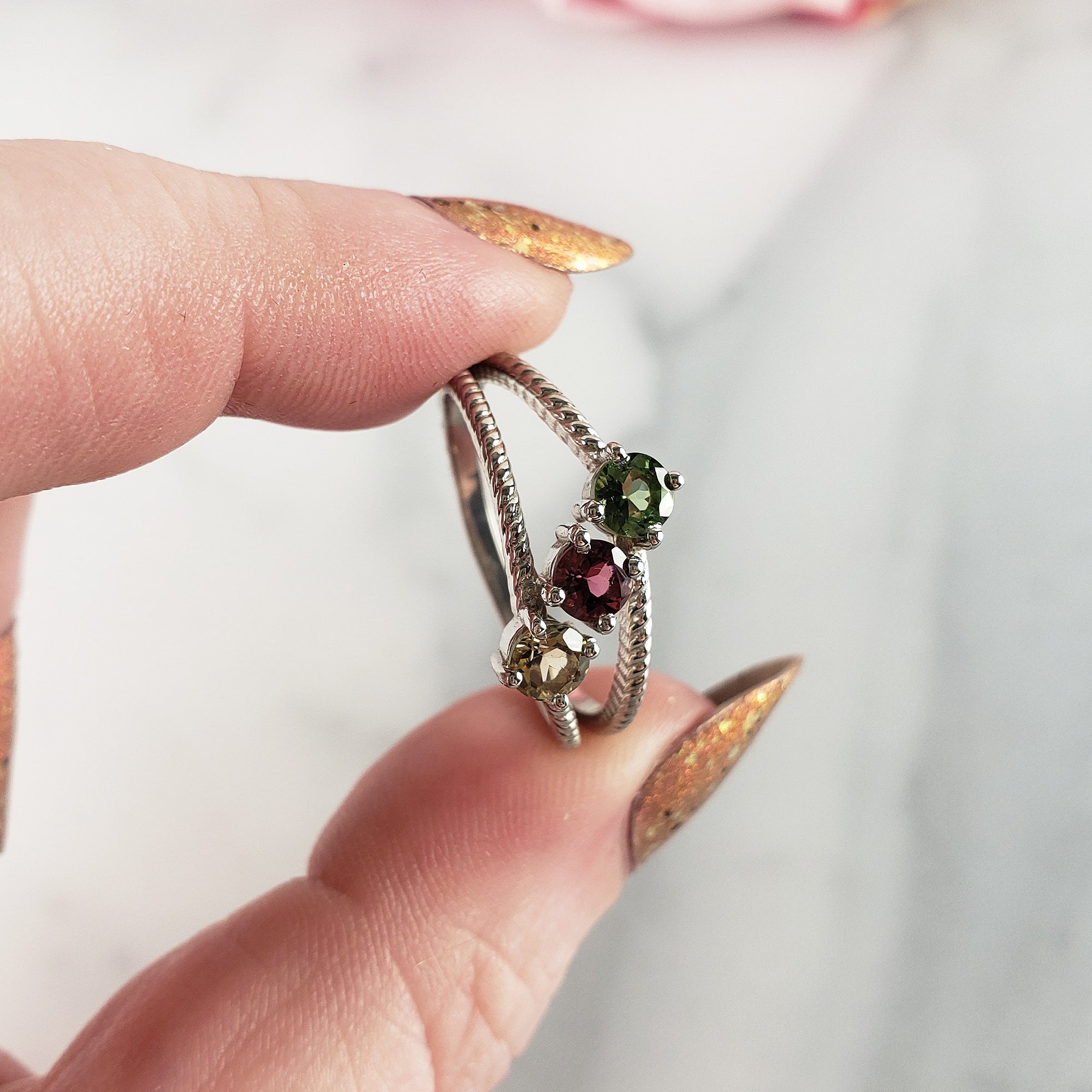 Green, Pink, &amp; Yellow Tourmaline Crystal Natural Gemstone 925 Sterling Silver Ring | Size 10 - 2